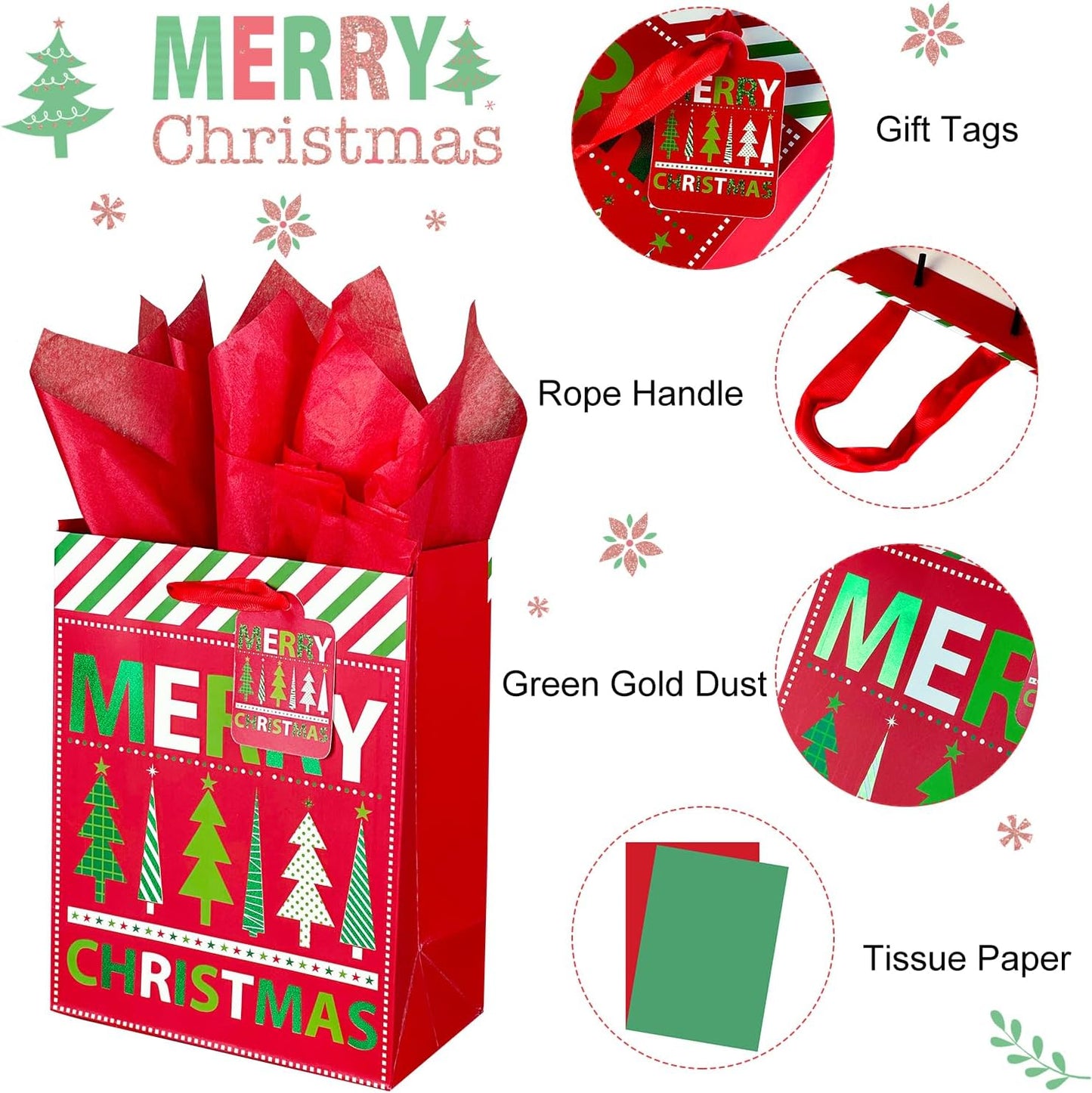 GITMIWS 12 Pack Christmas Paper Gift Bags with Tissue Paper, 9'' Medium Christmas Treat Gift Bags Bulk with handles, Xmas Shopping Tote Goodie Bag for Kids, Xmas Party Favor Decor