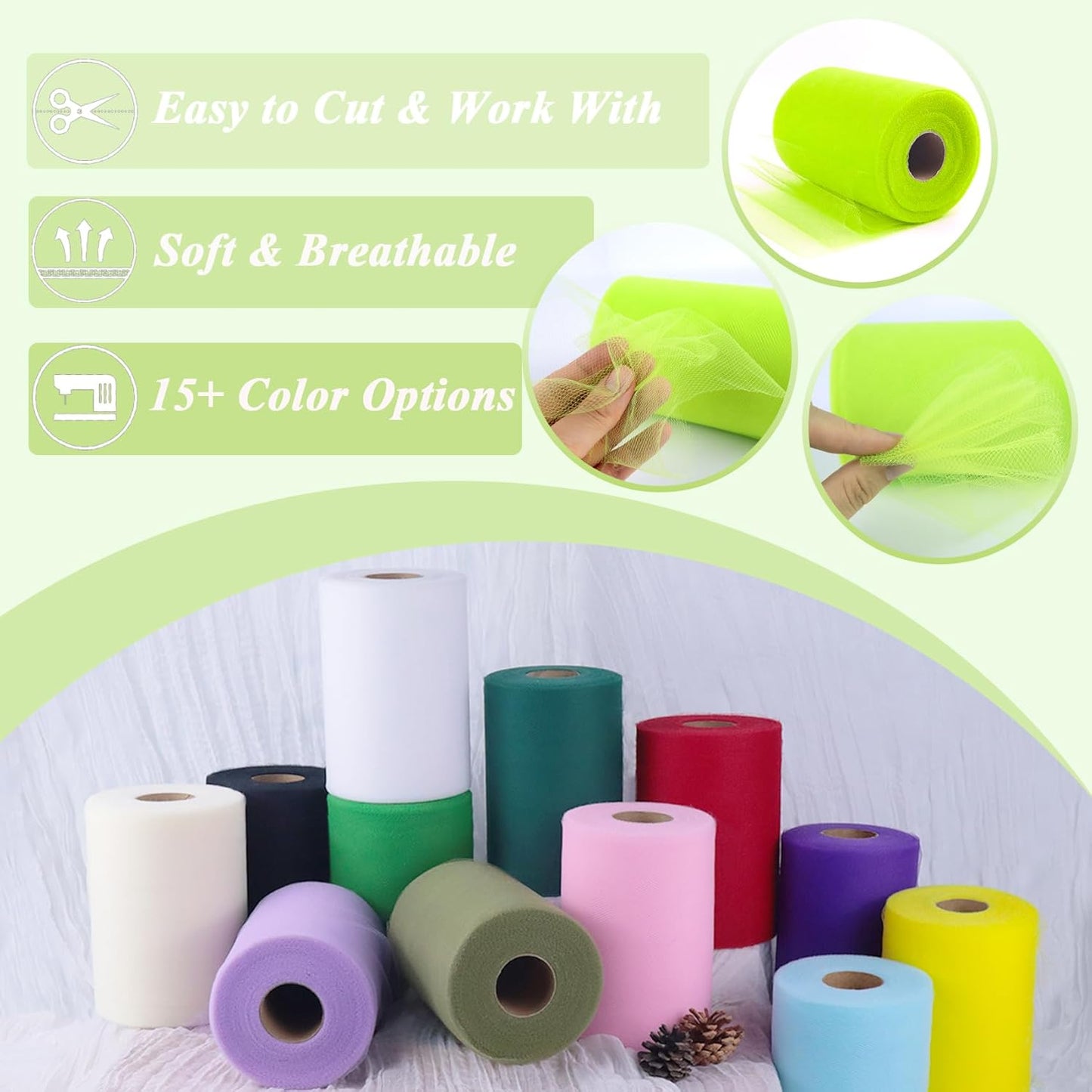 Spring Green Tulle Fabric Roll 6” x 100 Yards (300 ft) – Soft Tulle Spool for DIY Crafting, Halloween Costumes, Tutus, Wedding, Party Decorations & Gift Wrapping