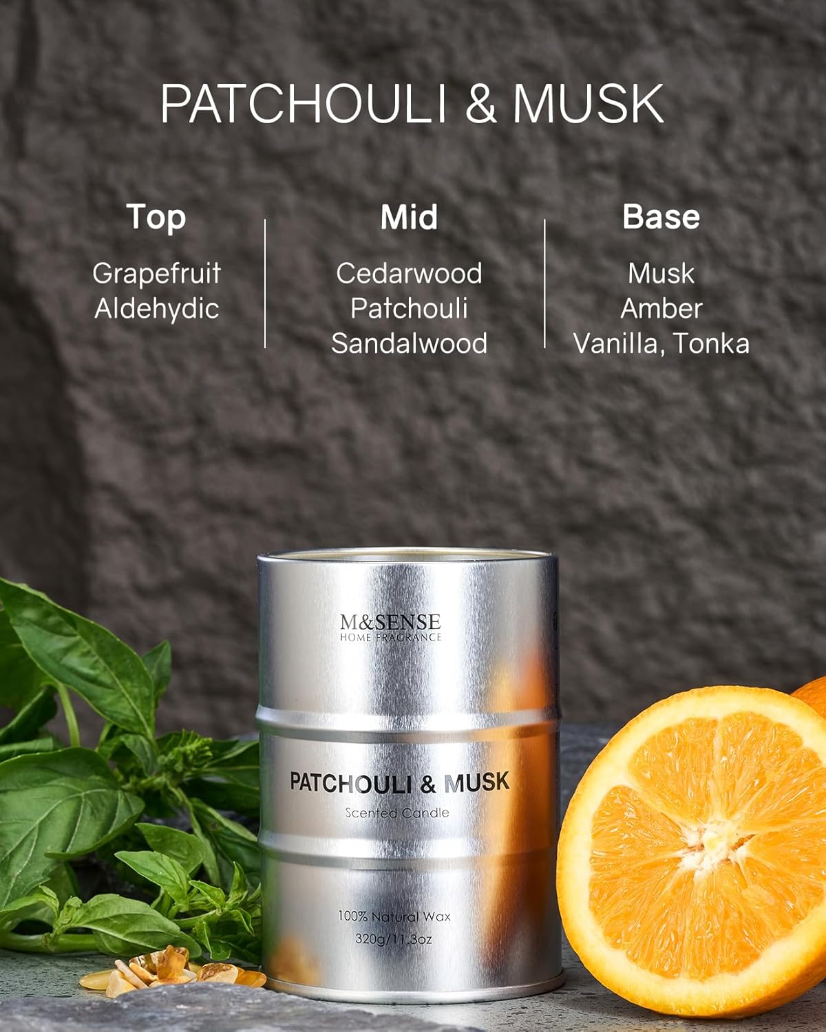 M&SENSE Scented Candle, Patchouli Musk Candle Gifts for Men, 70 Hours Slow Burning Natural Soy Candles11.3 oz, Stress Relief Luxury Aromatherapy Candles Home Decor, Valentines Day Gifts for Him