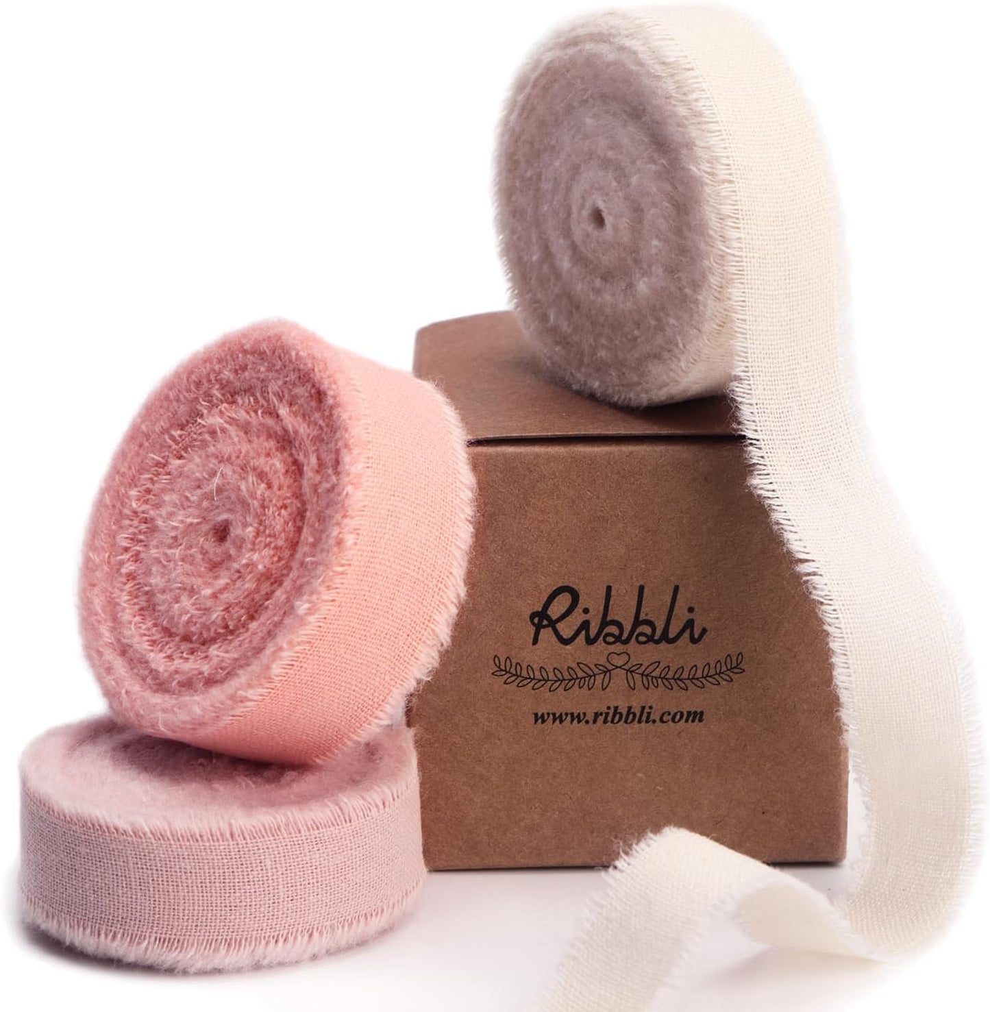 Ribbli 3 Rolls Pink Ribbon 5/8 Inch x 18Yards Ivory Blush Dusty Pink Handmade Cotton Frayed Fringe Ribbons for Gift Wrapping Wedding Invites Bridal Bouquets Baby Shower DIY Crafts Home Decor