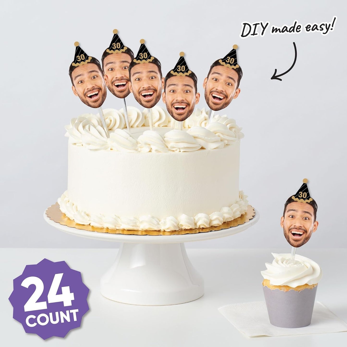 Big Dot of Happiness Custom Photo Adult Happy Birthday - Black & Gold Personalized Birthday Party DIY Paper Shaped Fun Face Cut-Outs - 24 Count