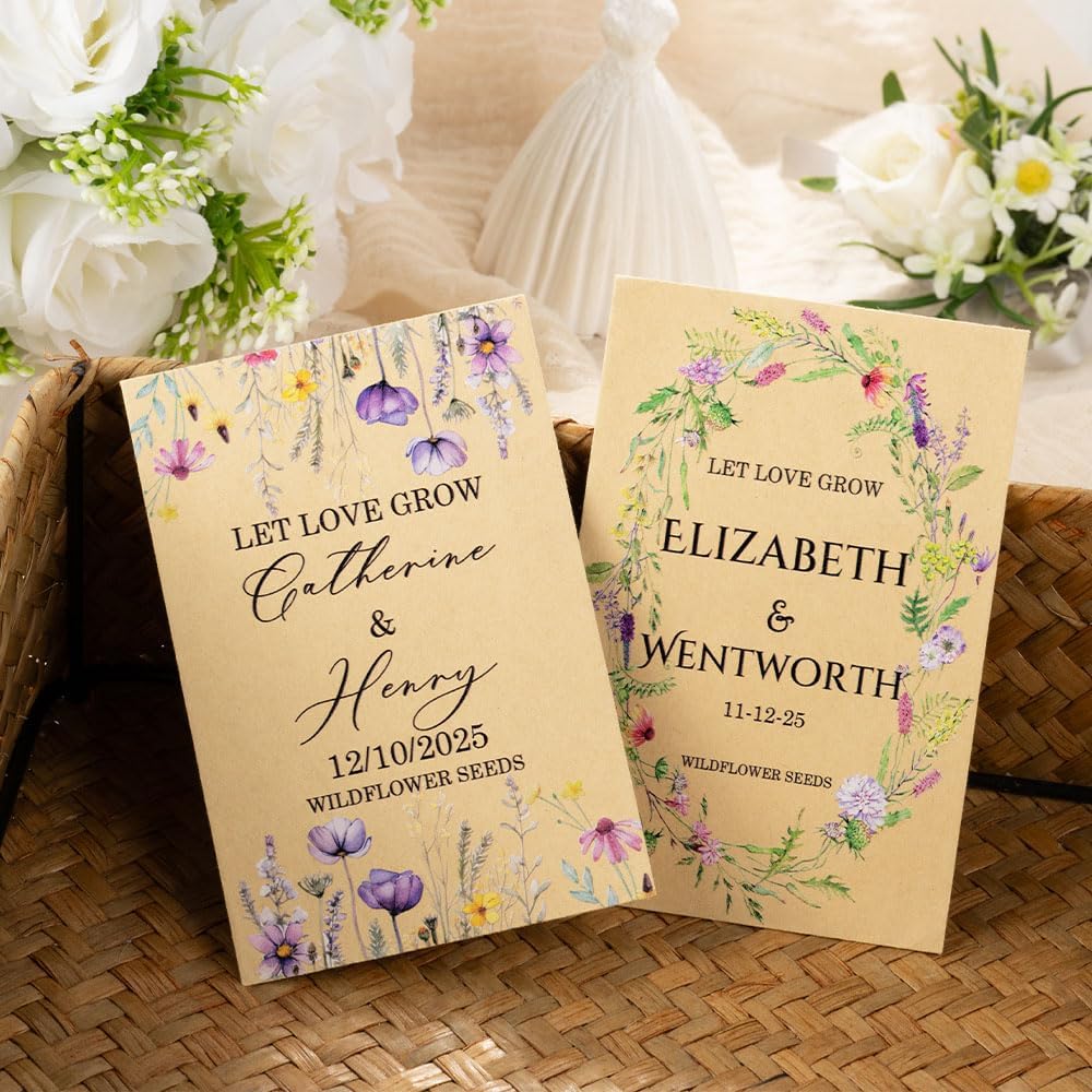 callie Personalized Wedding Seed Packet Favors, Custom Wildflower Seeds Storage with Name and Date, Kraft/White Paper Envelopes for Wedding Party Bridal Shower, 20-300 PCS