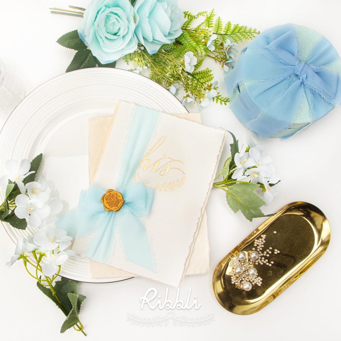 Ribbli Chiffon Ribbon 1.5 inch x 30 Yard Handmade Silk Ribbon,Light Blue/Baby Blue/Dusty Blue Fringe Chiffon Ribbon for Wedding Invitations, Bridal Bouquets Wrapping, Flower Arrangement Decoration