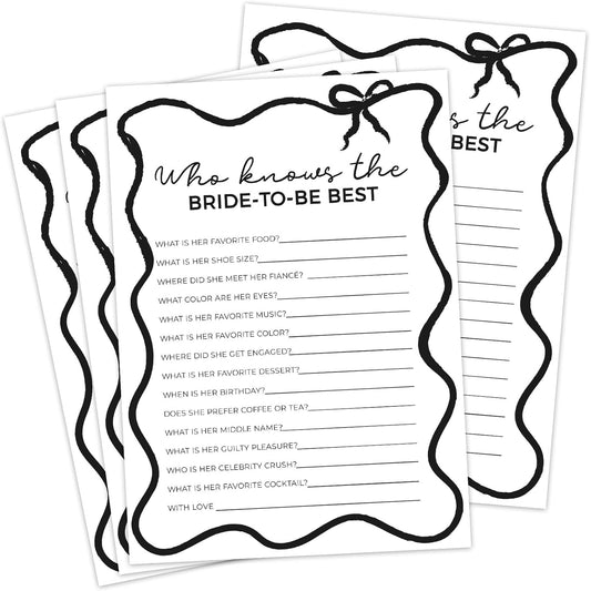 DEEKA 30 PCS Bridal Shower Games Card for 30 Guests Black Wavy Border Ribbon Bow Funny Wedding Bachelorette Party Games for Reception (Who Knows The Bride-to-be Best)