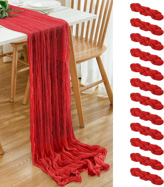 12 Pack Red 10 Ft Cheesecloth Table Runner 20x120 Inch Boho Wrinkled Sheer Romantic Gauze Decor for Wedding, Bridal Shower, Birthday Party