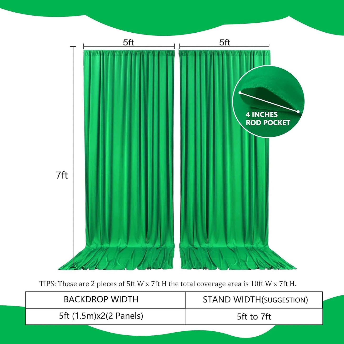 2 Panels Green Backdrop Curtain, 10 x 7 Feet Background Curtains for Parties, Weddings, Baby Showers, Bachelorette Halloween, Christmas Birthday Party Photoshoot Backdrop Curtains Decorations