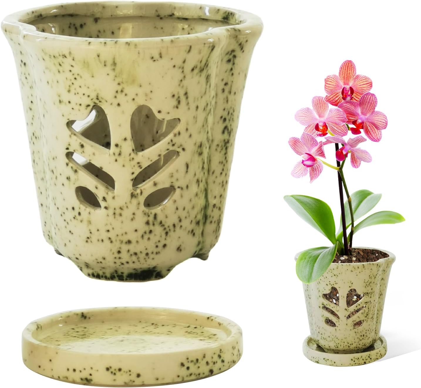 Orchid Pot 4 Inch, Ceramic Orchid Pots with Hole for Repotting, Beatiful Ice Cracked Glaze Ceramic Flower Plant Pot with Saucer, Breathe Easy and Healthy for Orchid Plants.