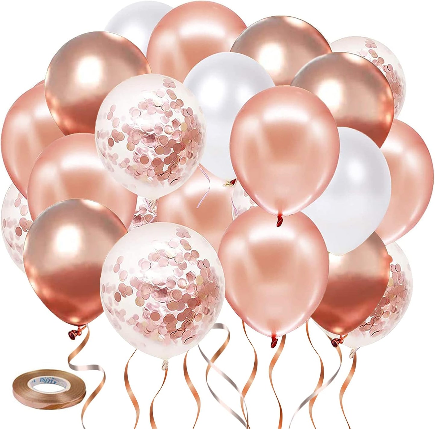 Rose Gold Confetti Balloons, 50pcs 12 Inch Metallic Confetti White and Rose Gold Latex Balloons with 33 Feet String for Birthday Party Wedding Anniversary Gender Revea Decorations