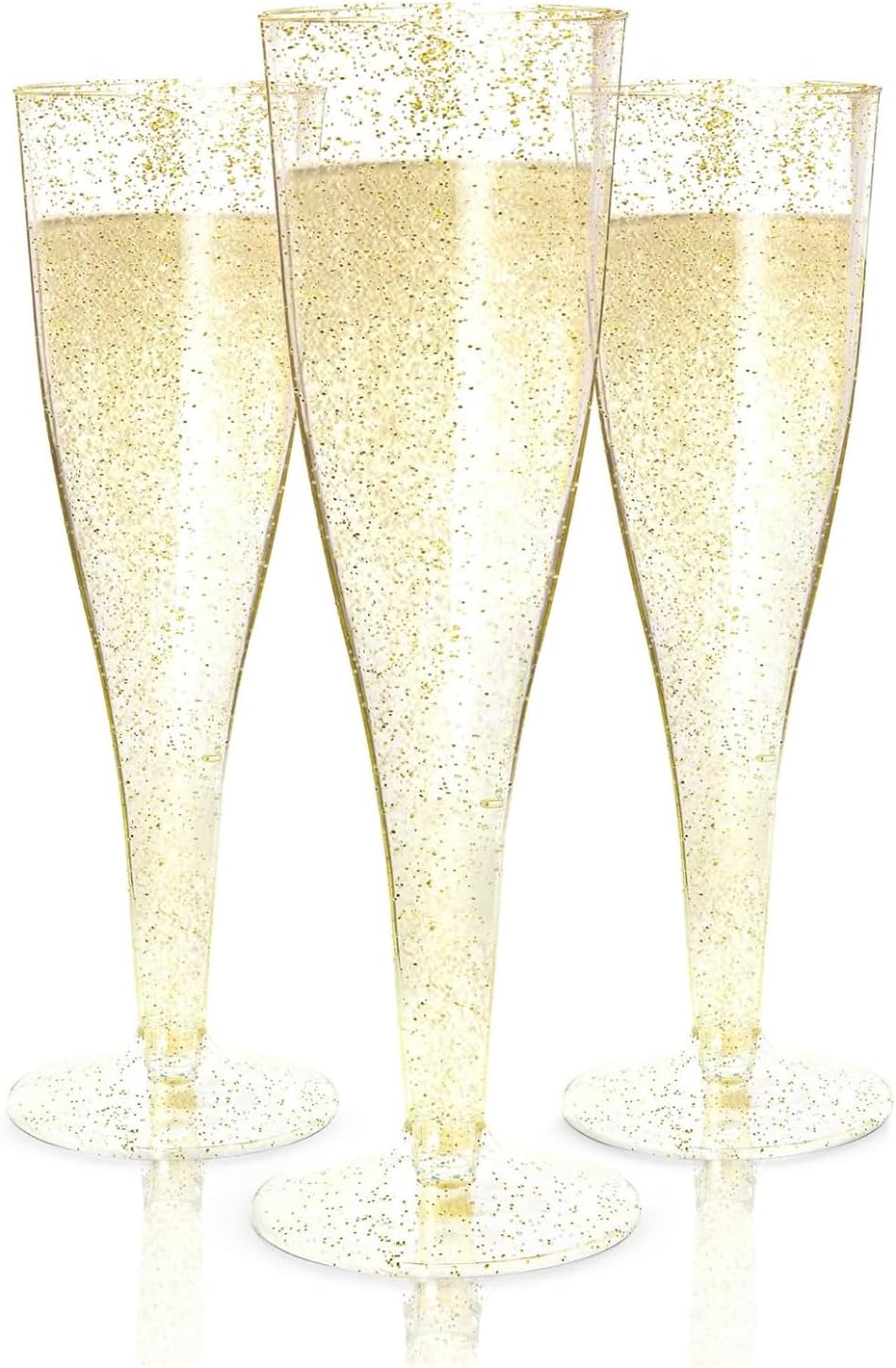 Prestee 100 Gold Plastic Champagne Flutes - 4.5 oz Disposable Champagne Glasses for Toasting at Weddings, Mimosas, Cocktails, Great Gatsby Party Decorations, and Events