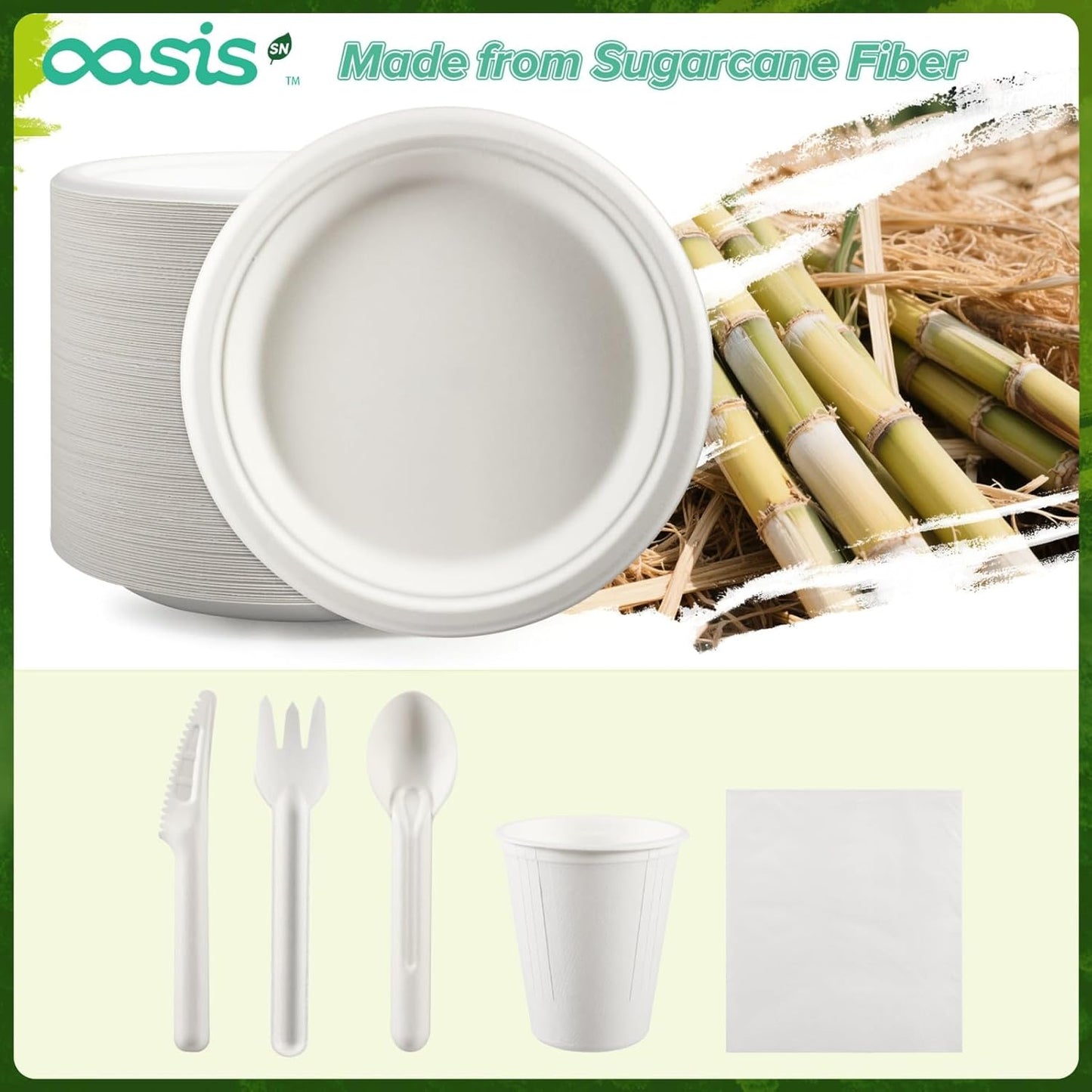 350PCS Disposable Paper Dinnerware Set for 50 Guests, Compostable 50 Dessert Plates, 50 9 inch Plates, 50 Cups, 50 Spoons, 50 Forks, 50 Knives and 50 Napkins, Perfect for Parties(White)