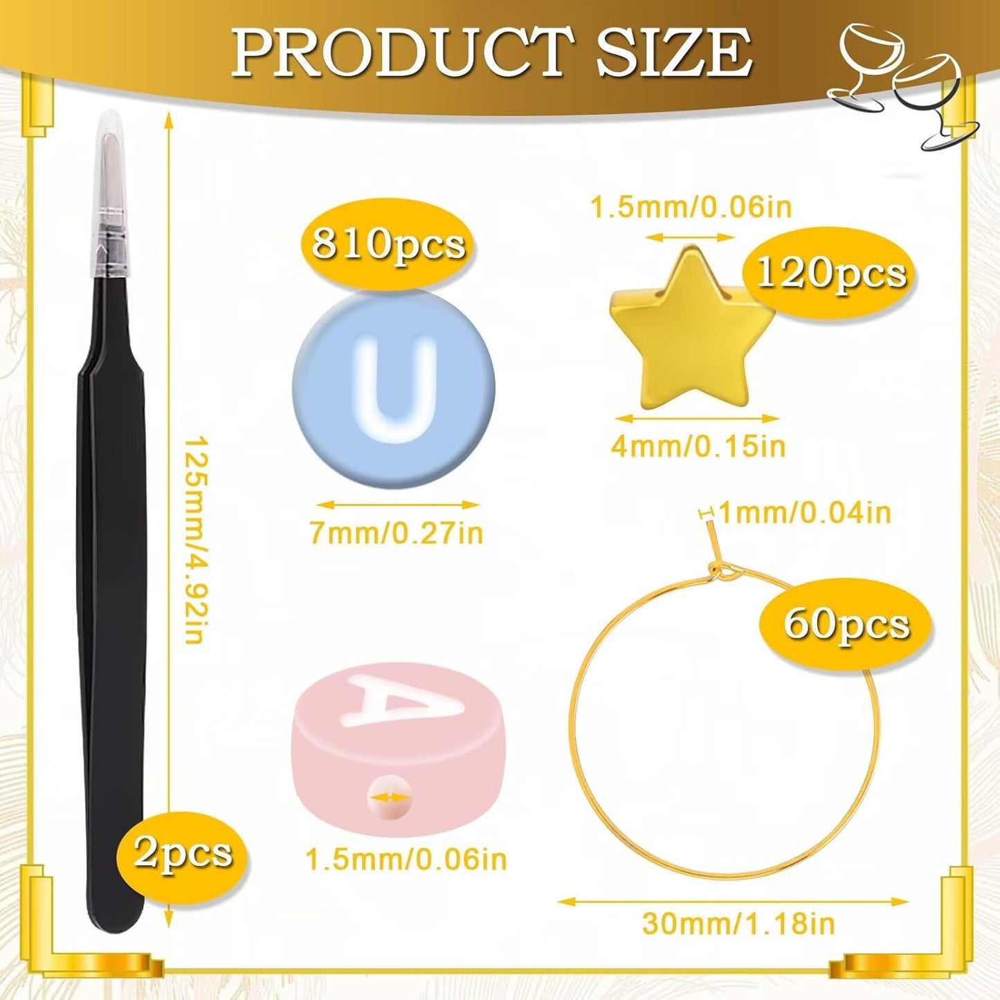 60 Sets DIY Wine Glass Charms – 780 Letter Beads 120 Gold Beads 60 Charm Rings 2 Tweezers, Drink Identifier Charms Wine Glass Marker Tags for Wedding Cocktail Bachelorette Party Decoration (Colorful)