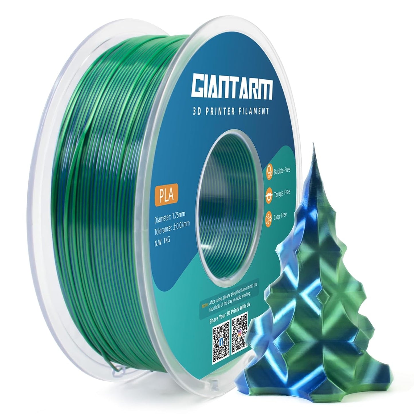 GIANTARM Dual Color PLA Filament, Silk PLA Filament 1.75mm +/-0.02mm,1KG Spool(2.2lbs) Vacuum Packaging, 3D Printing Filaments Fit Most FDM Printer