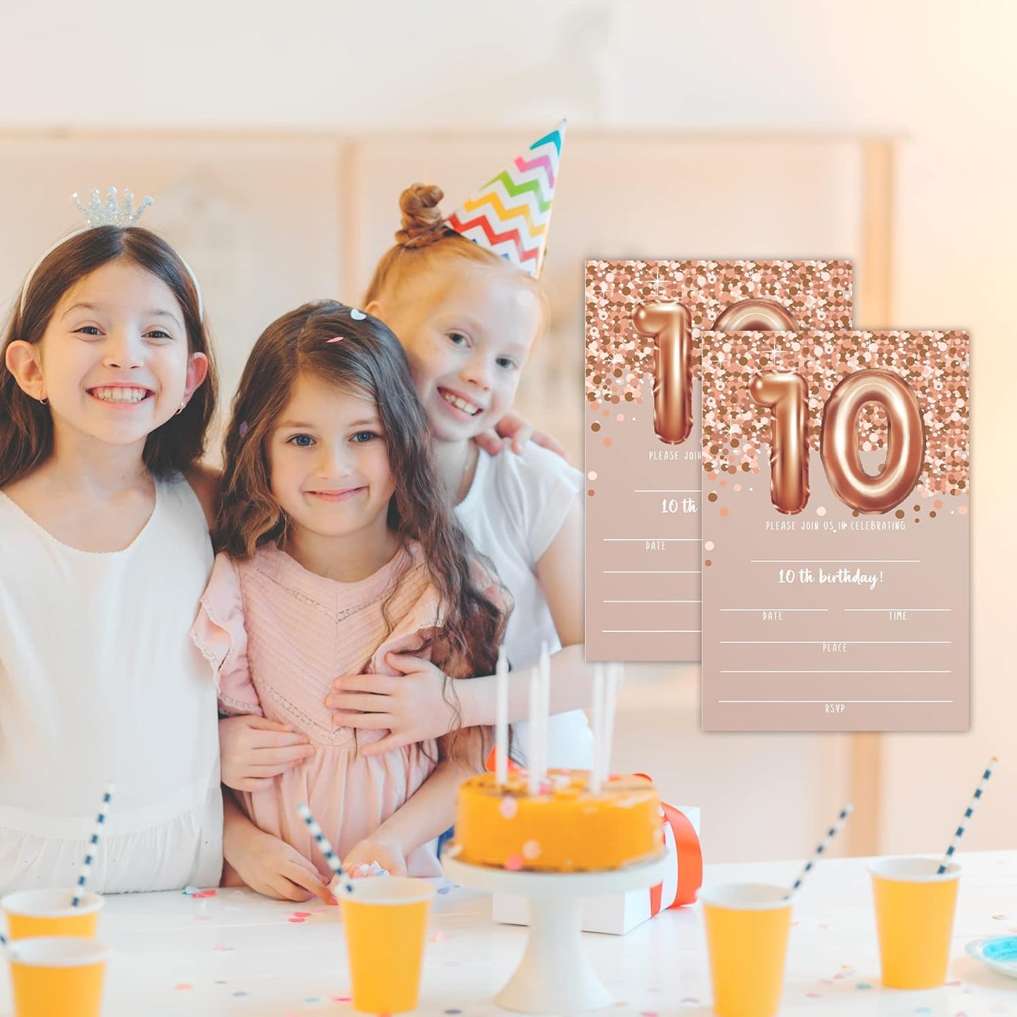 10th Birthday Invitation Cards, Rose Gold Glitter 10th Birthday Party Invites, Kids Happy Birthday Party Decorations Supplies, 20 Fill-in Cards with Envelopes for Boys or Girls Party Celebration-C02