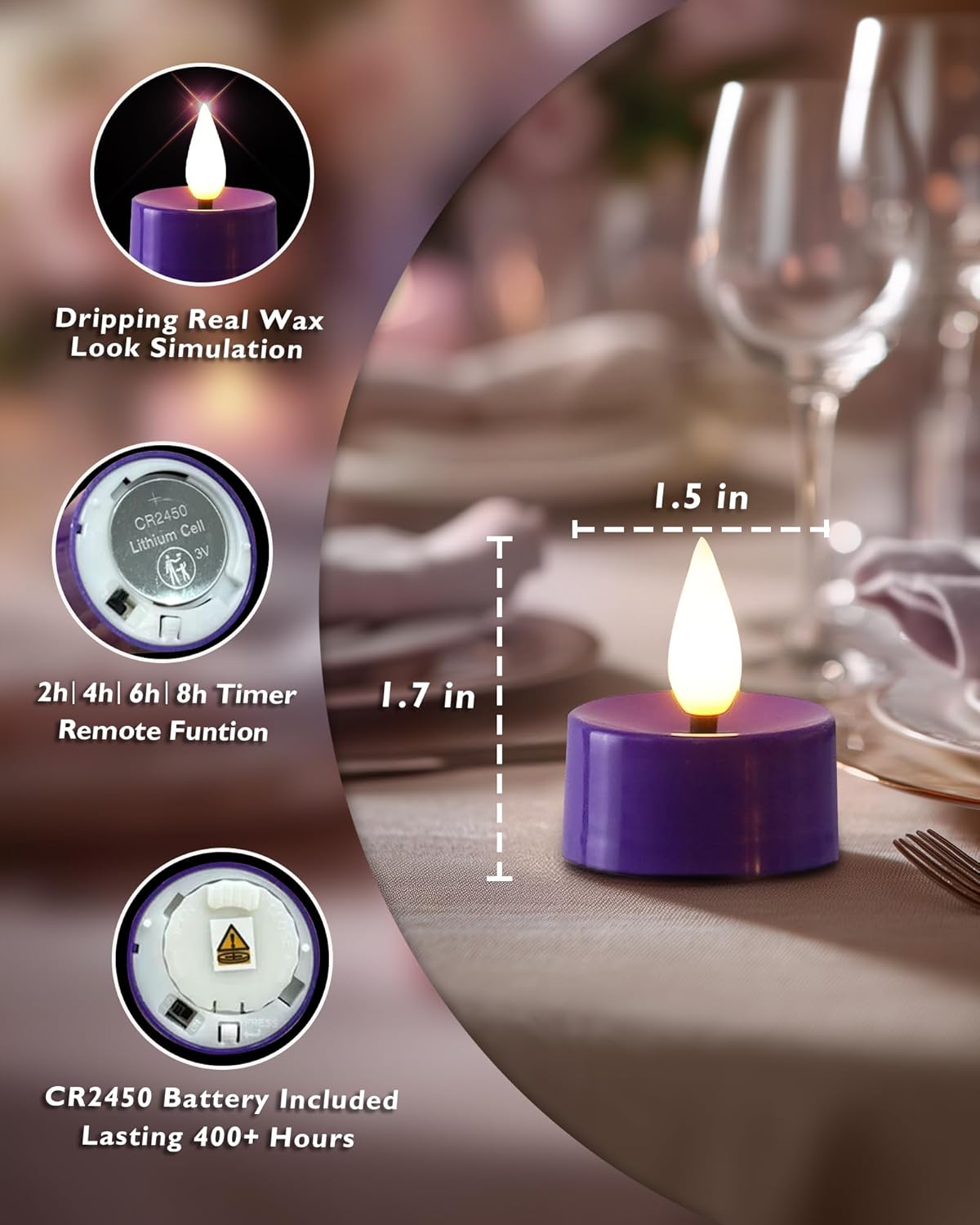 Amagic Flameless Purple Timer Remote Tealights Candles, 3D Black Wick Flickering Tea Light, 400+Hour Colored Votive Candles Battery Operated, Set of 12 for Party, Wedding Table, Halloween, Mardi Gras