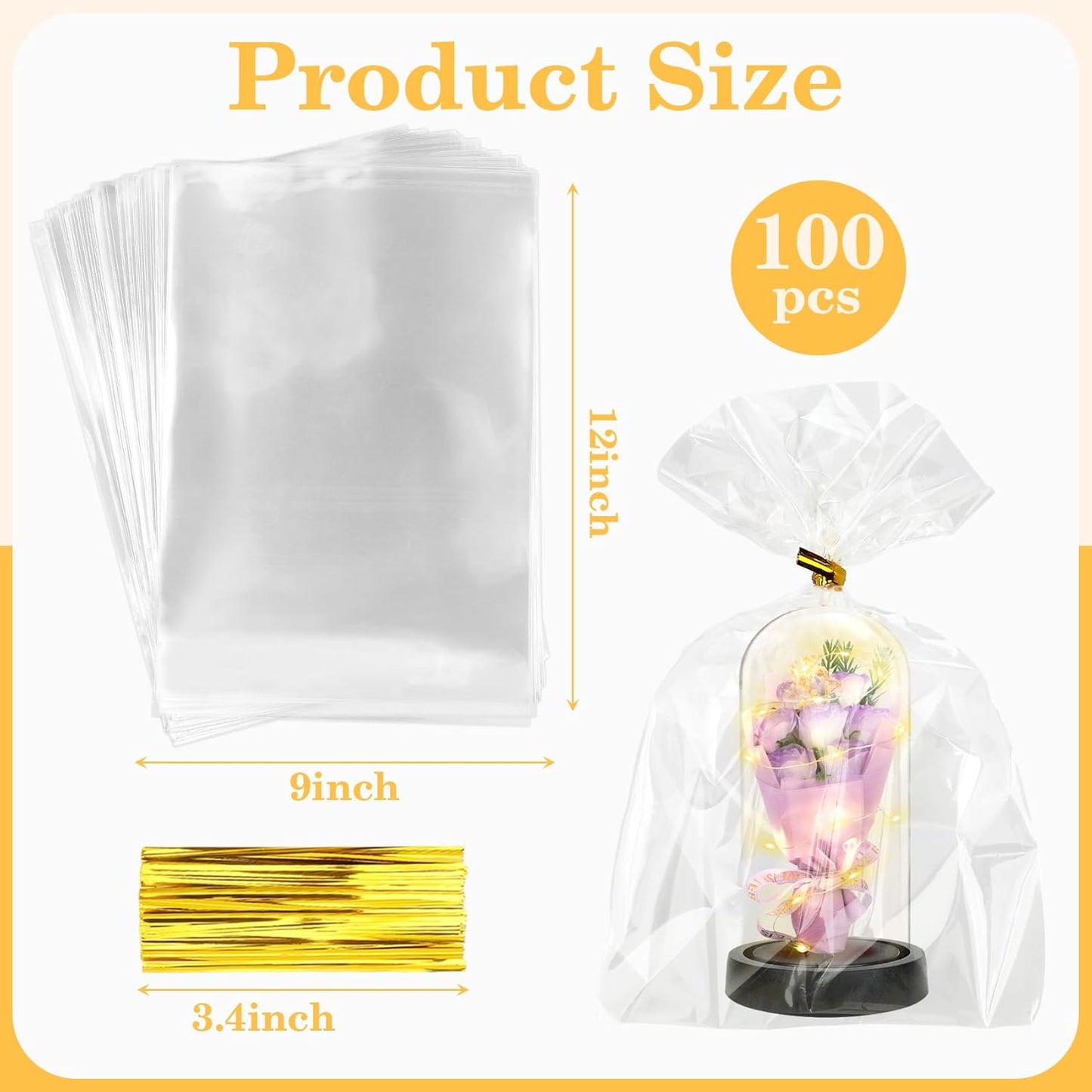 100 PCS Cellophane Treat Bags, Cidenbio 9x12 In Clear Cellophane Gift Bags with Twist Ties Plastic Goodie Bag for Party Favor Cookie Candy Popcorn Bakery Chocolate Gift Wrapping