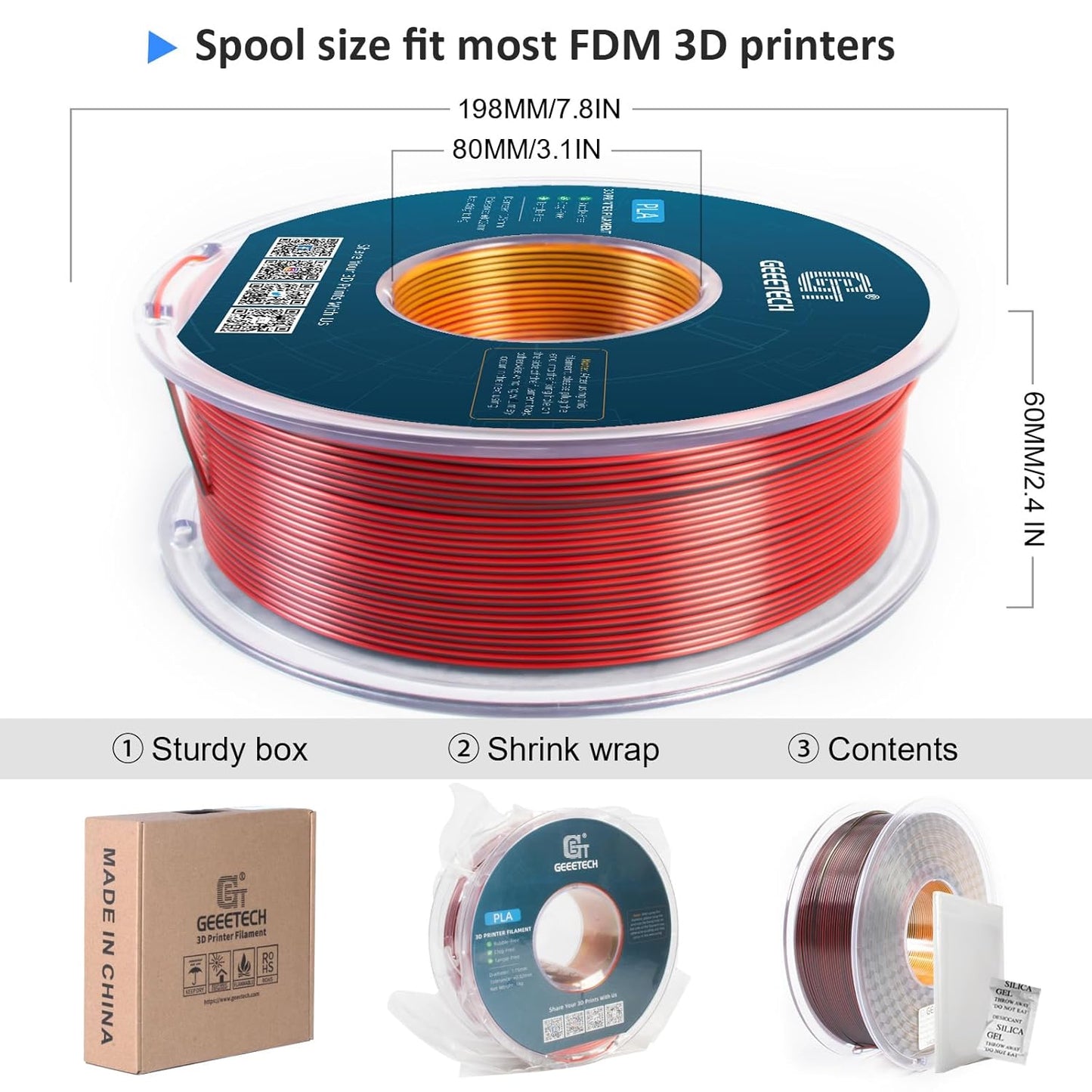 Geeetech Silk PLA Tri Color Filament 1.75mm 3D Printer Filament, Coextrusion Red Gold Black Tri-Colors Metal-Like Shiny Silk PLA Filament, 1kg (2.2lbs) 1 Spool, Dimensional Accuracy +/- 0.02 mm