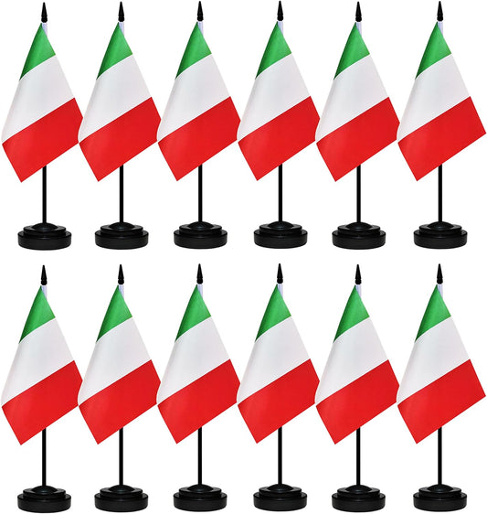 12 Pack Italy Desk Flags Set, Italian Small Mini Table Office Flags With 12" Solid Black Pole, Black Base and Spear Top, Miniature Desktop Flag, Home Decoration, Office Decoration, Festival