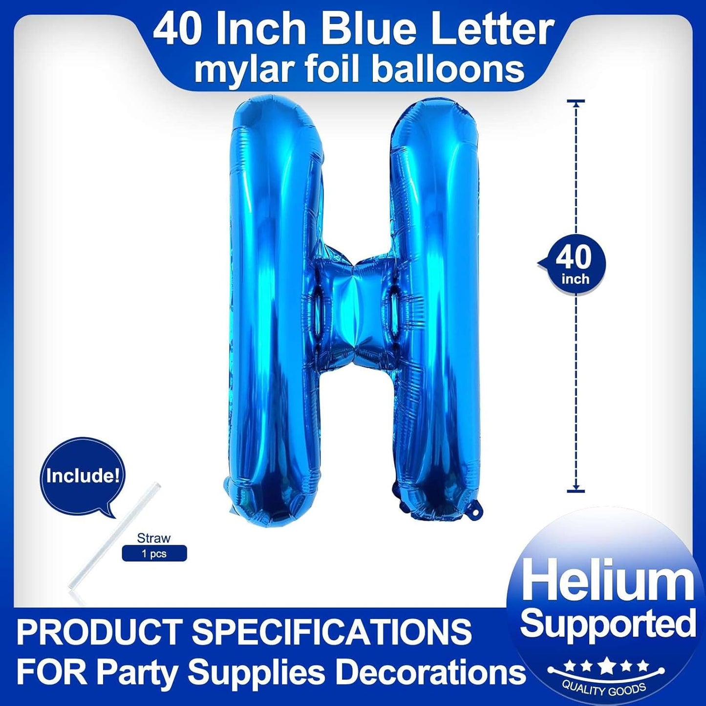 40 Inch Blue Letter H Balloons, DIY Phrase Foil Alphabet Letter H Balloons DIY Word H Banner for Birthday Anniversary Celebration Graduation Party Supplies Decoration