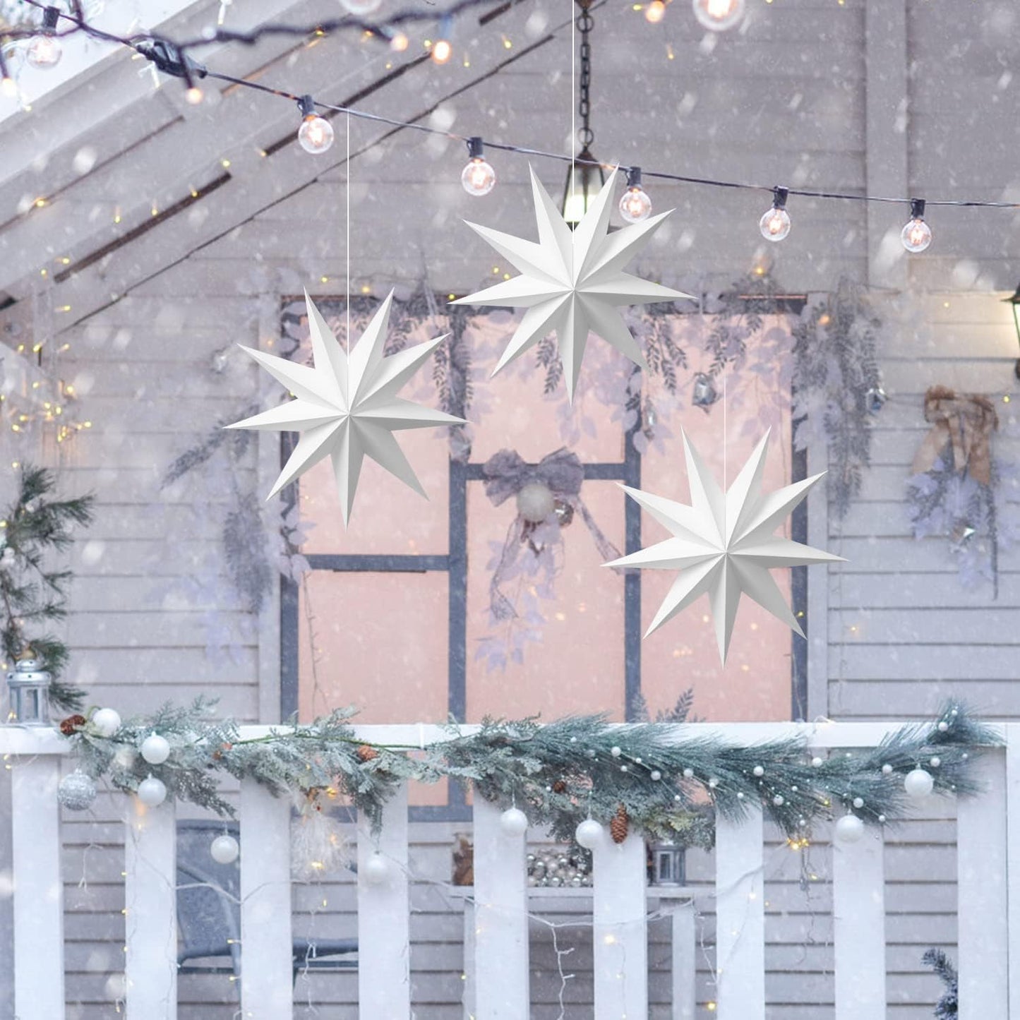 Easy Joy 3Pcs 9-Pointed Paper Star Lanterns 12 Inch Hanging Lampshade Wedding Birthday Christmas Home Party Decoration