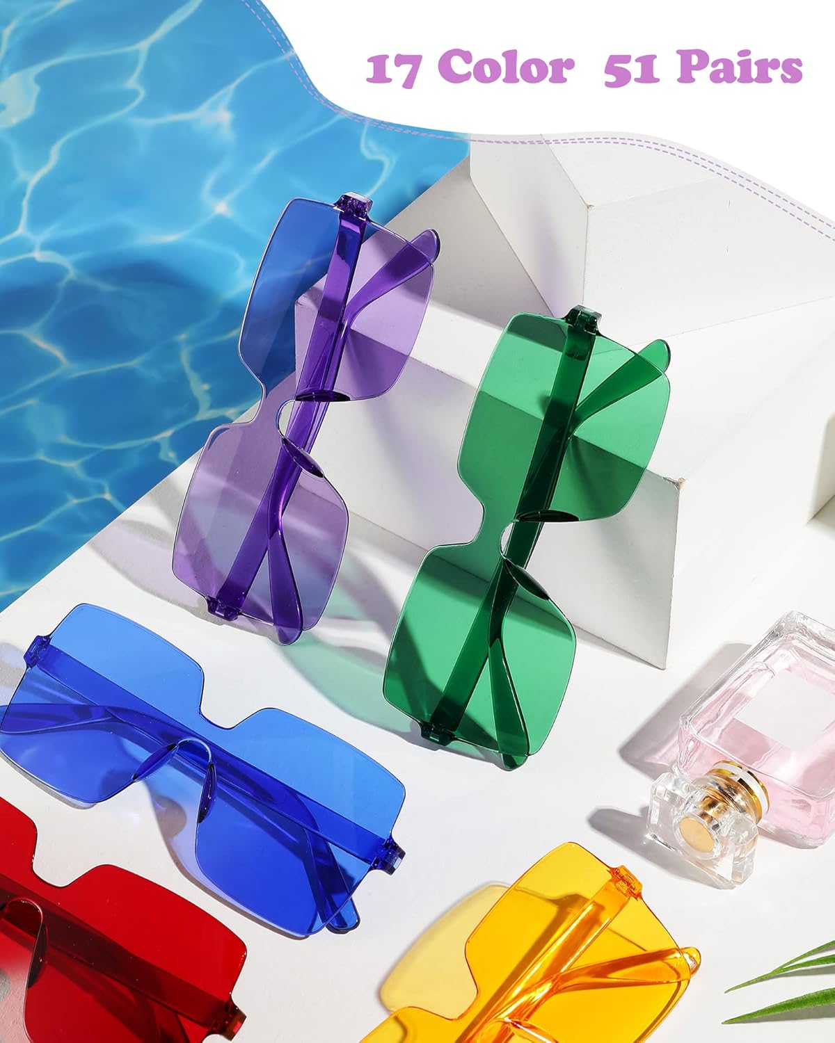Chumia 51 Pack Fun Sunglasses Bulk Adult Party Favors Glasses Colorful Plastic Square Rimless Retro Sunglasses for Women Men Neon Party Candy Color Glasses