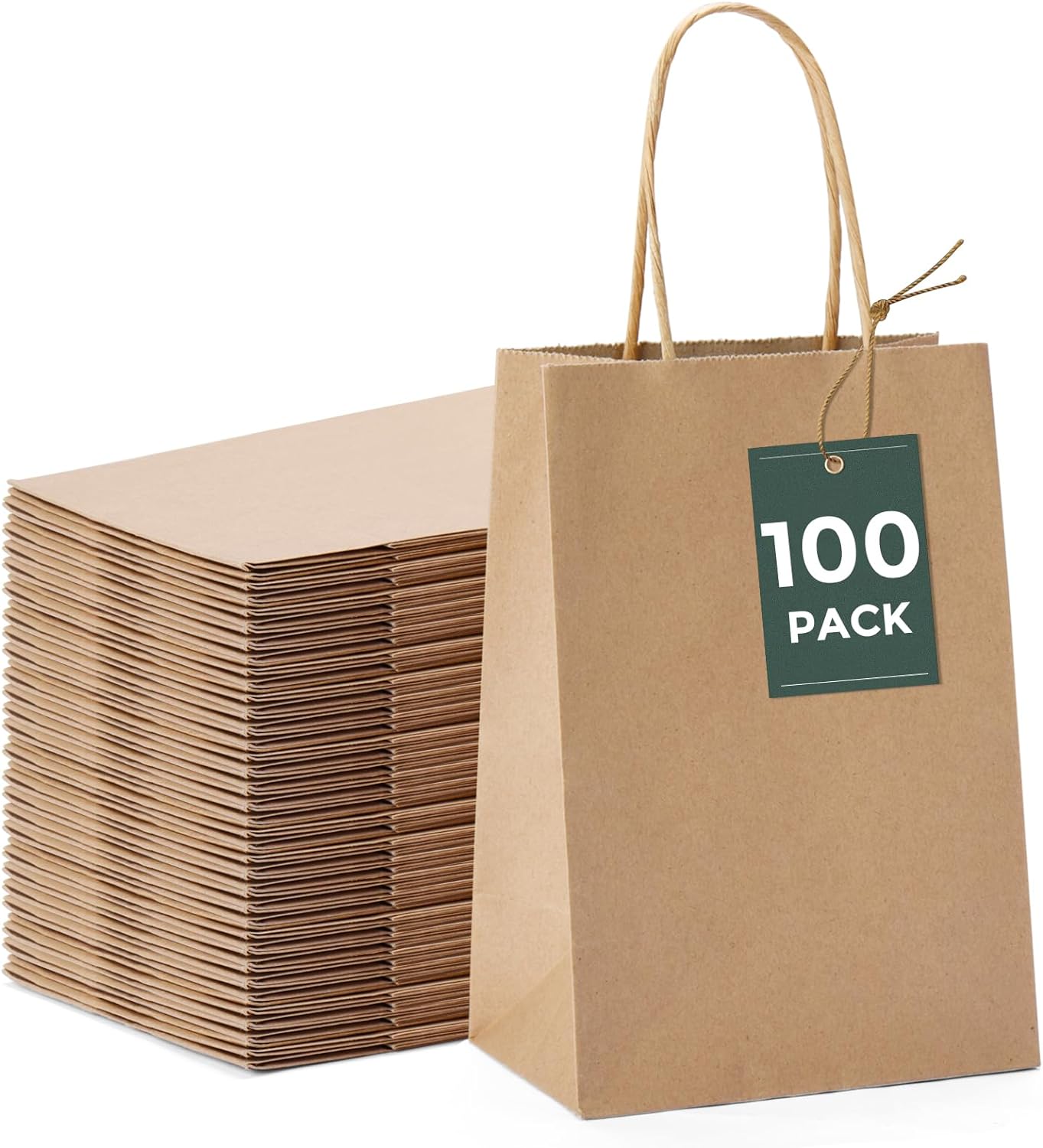 GSSUSA 100 Pack Paper Gift Bags 5.25x3.75x8 Inch Small Brown Paper Bags with Handles Bulk, Brown Kraft Bag for Small Business, Sturdy Grocery Retail Shopping Birthday Party Favor Craft Bag （Made in USA）