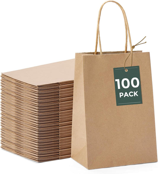 GSSUSA 100 Pack Paper Gift Bags 5.25x3.75x8 Inch Small Brown Paper Bags with Handles Bulk, Brown Kraft Bag for Small Business, Sturdy Grocery Retail Shopping Birthday Party Favor Craft Bag （Made in USA）
