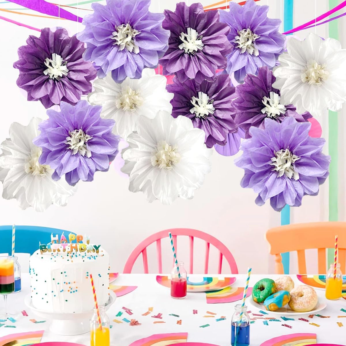 12pcs 8in & 10in Tissue Paper Flowers - Pom Poms, Hanging & Wall Backdrop - Purple Wedding & Party Decorations - DIY Art Craft Blooms for Birthdays & Baby Showers