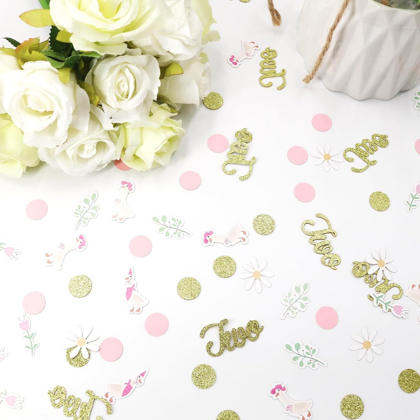 220PCS Two Silly Goose Birthday Decorations for Girl, Goose Dot Leaves Flower 2nd Birthday Confetti for Pink and Gold 2 Year Old Bday Decor