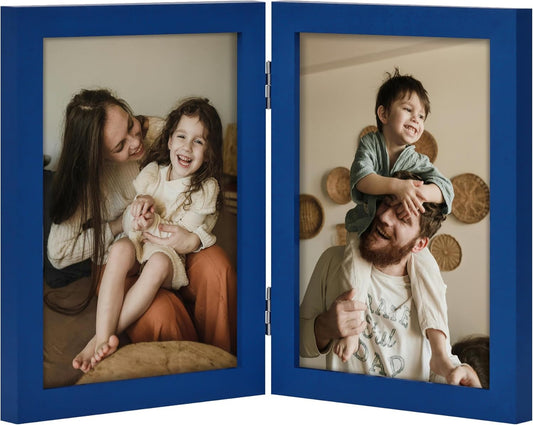 decorUhome Double 5x7 Picture Frame Vertical, Engineered Wood Bifold Photo Frame with Plexiglass for Tabletop Display, 5x7, Royal Blue