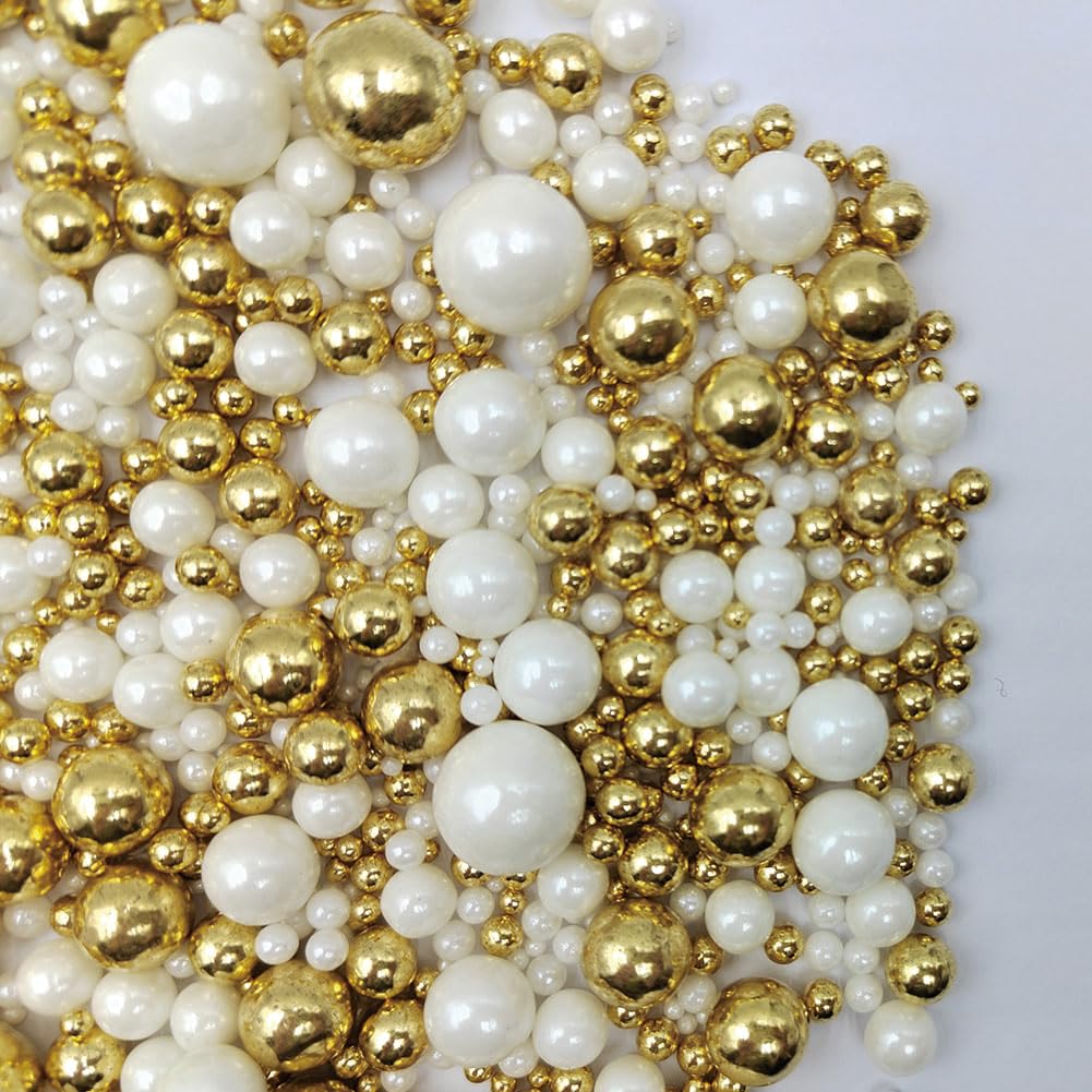 Edible White Gold Sugar Pearls Candy Sprinkles 120G/ 4.23Ounce Baking Cake Sprinkles Cupcake and Cake Topper Cookie Decorations Wedding Party Valentines Halloween Christmas Supplies