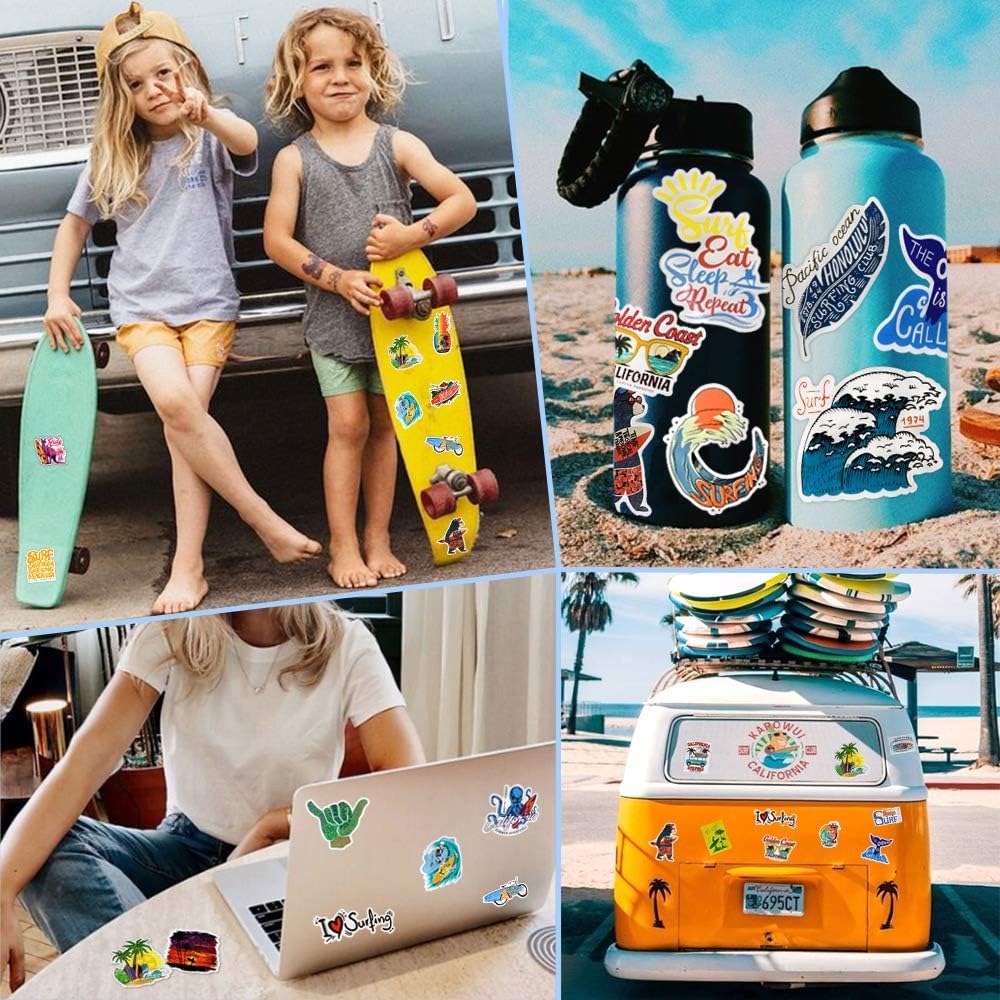 Surf Stickers for Teens Girls Boys Surfing Laptop Stickers for Water Bottles Surfboard Waterproof Vinyl Stickers Surfer Stickers Pack 50Pcs''