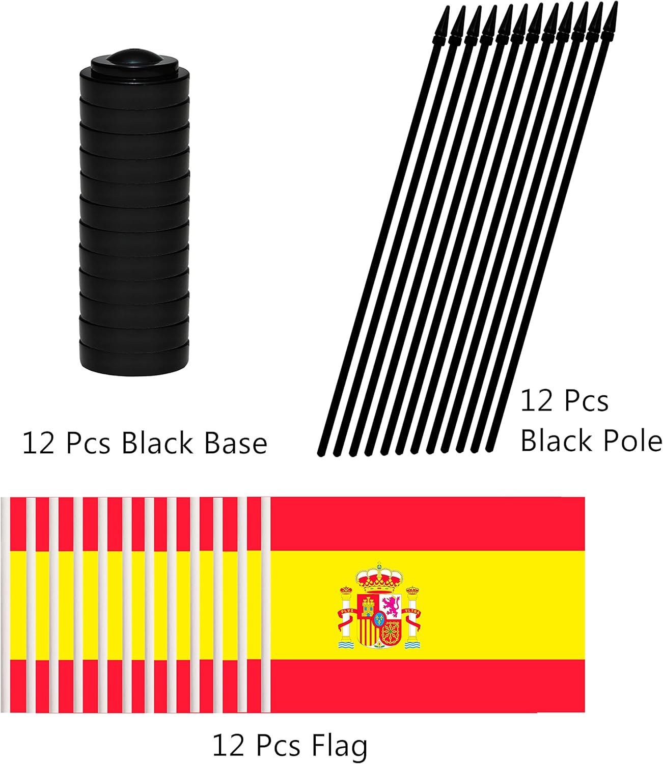 12 Pack Spain Desk Flags Set, Spanish Small Mini Table Office Flags With 12" Solid Black Pole, Black Base and Spear Top, Miniature Desktop Flag, Home Decoration, Office Decoration, Festival