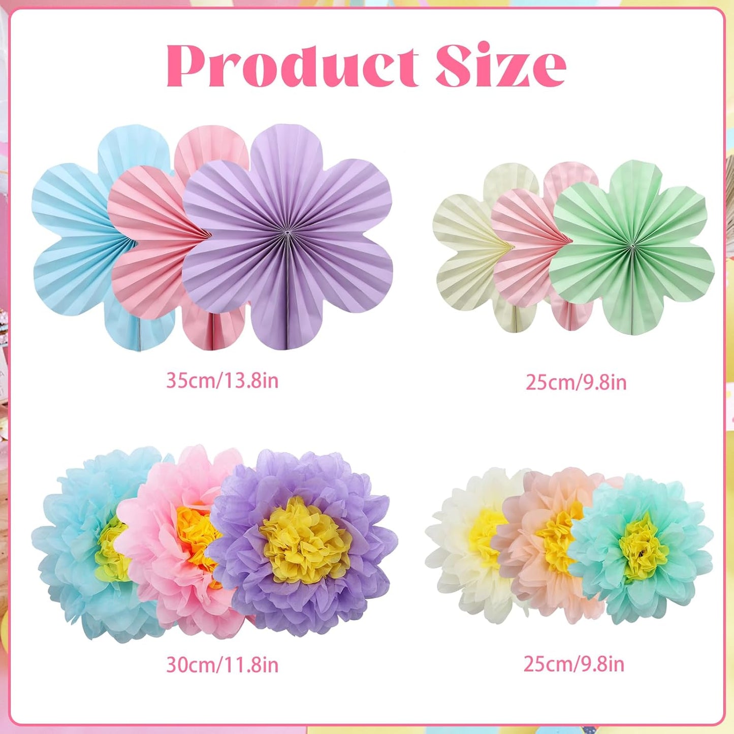 BestoFun 12PCS Paper Flowers Fans Pastel Party Decorations Tissue Paper Flowers Decorations for Girl Groovy Birthday Baby Shower Wedding Bachelorette Room Wall Hanging Décor