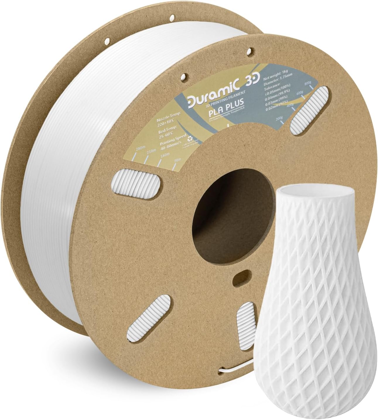 DURAMIC 3D PLA+ Filament 1.75mm 1Kg White, PLA Plus Filament 1Kg Spool(2.2lbs) Tougher and Stronger, Dimensional Accuracy Probability +/- 0.02mm