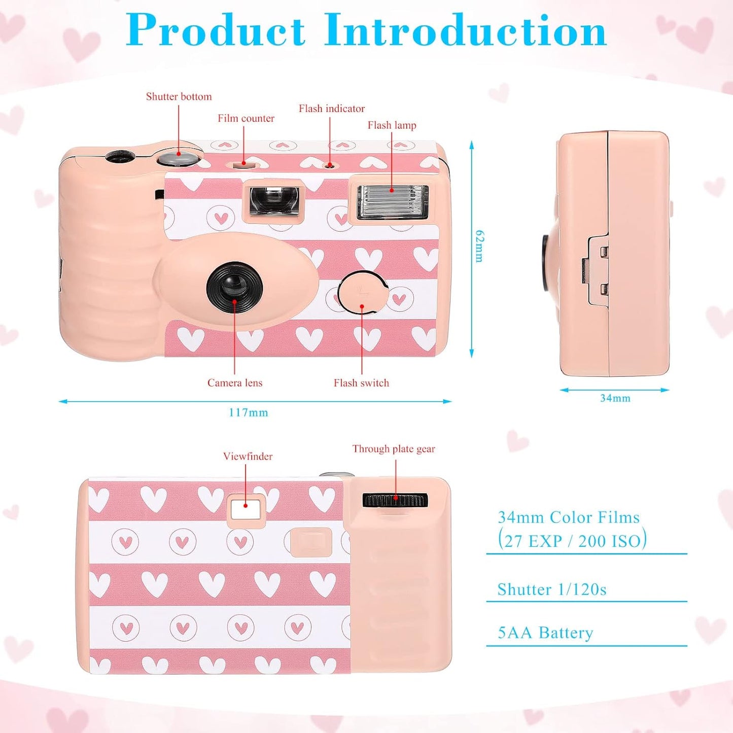 3 Pack Disposable Camera for Wedding Simple Use Color Film Camera with Flash Disposable Cameras One Time Camera for Gathering Wedding Travel Party Supply (Pink)