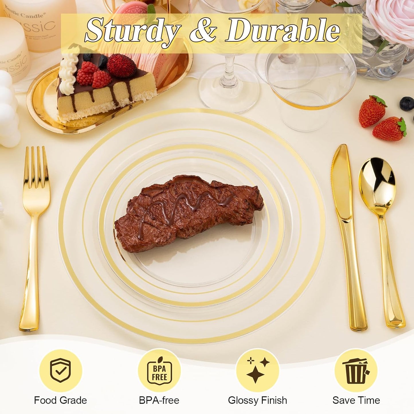 100PCS Clear Gold Plastic Plates Set, 50 10.25 inch Dinner Plates and 50 7.5 inch Dessert Plates, Disposable Plates for Party, Wedding