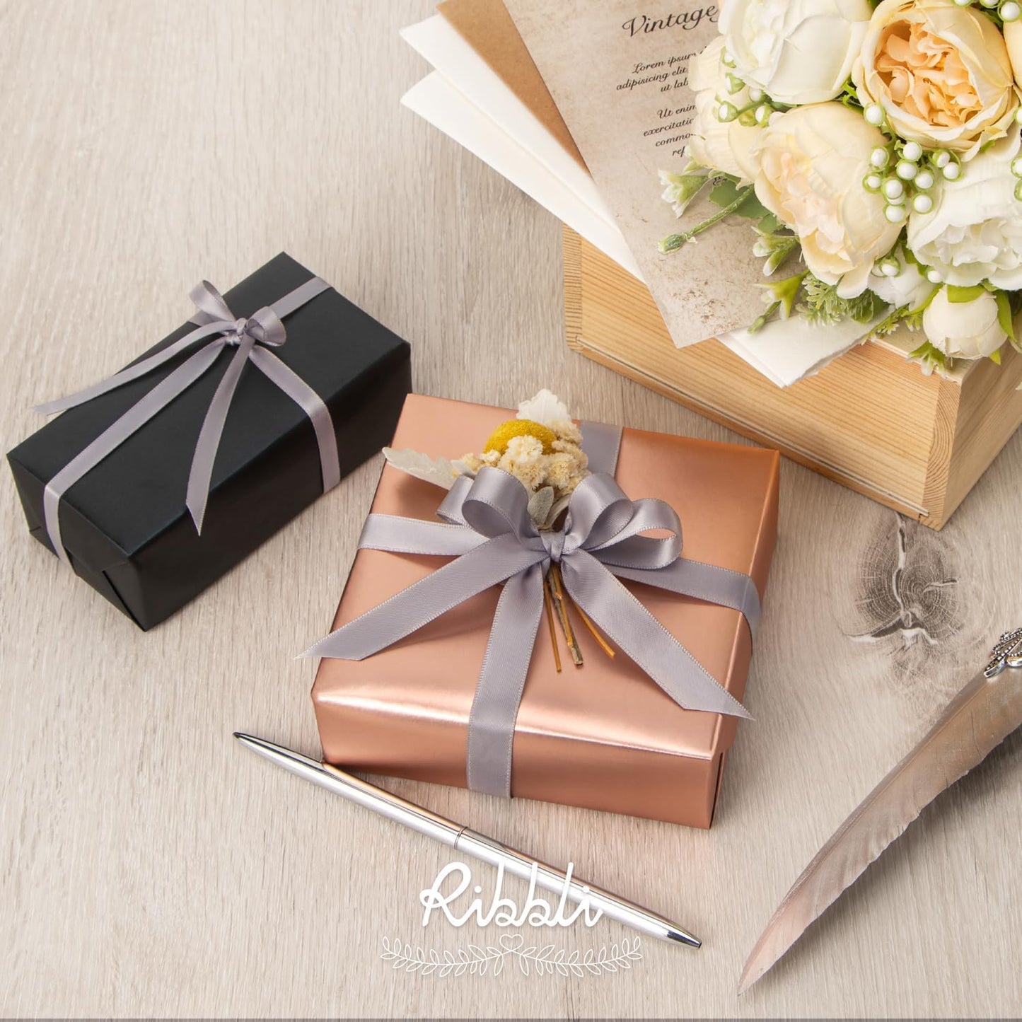 Ribbli Silver Satin Ribbon Double Faced Satin 1/2 Inch x Continuous 100 Yards-Silver Ribbon for Gift Wrapping Crafts Wedding Decoration Bows Bouquet Floral Arrangement