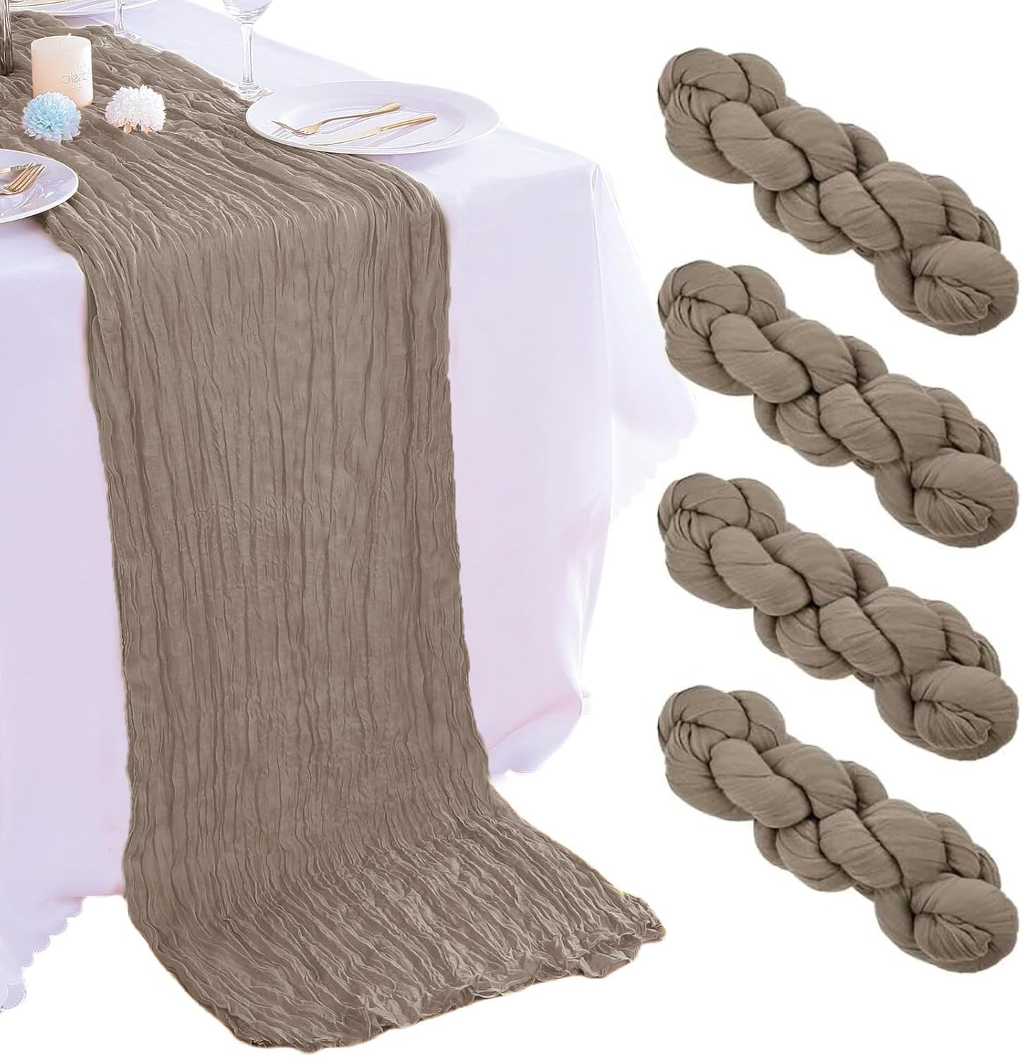 4 Pack Nude Cheesecloth Table Runner 35x120 Inch Boho Gauze Fabric Cheese Cloth Table Runner 10Ft Rustic Romantic Sheer Table Runners for Wedding Party Bridal Baby Shower Long Table Decoration