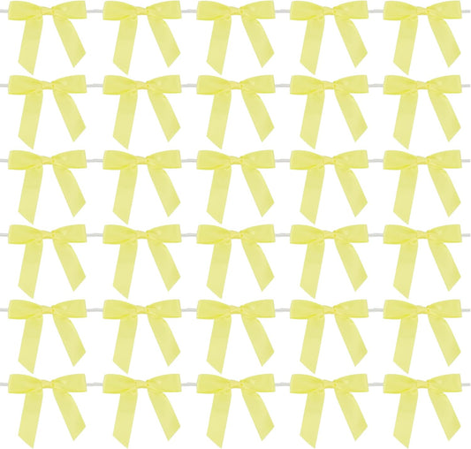 AIMUDI Yellow Bows 2.5" Satin Bows with Twist Tie Premade Craft Bows for Treat Bags Cake Pop Gift Wrapping Basket Wedding Favors Cookie Candy Bagging Baby Shower - 50 Counts