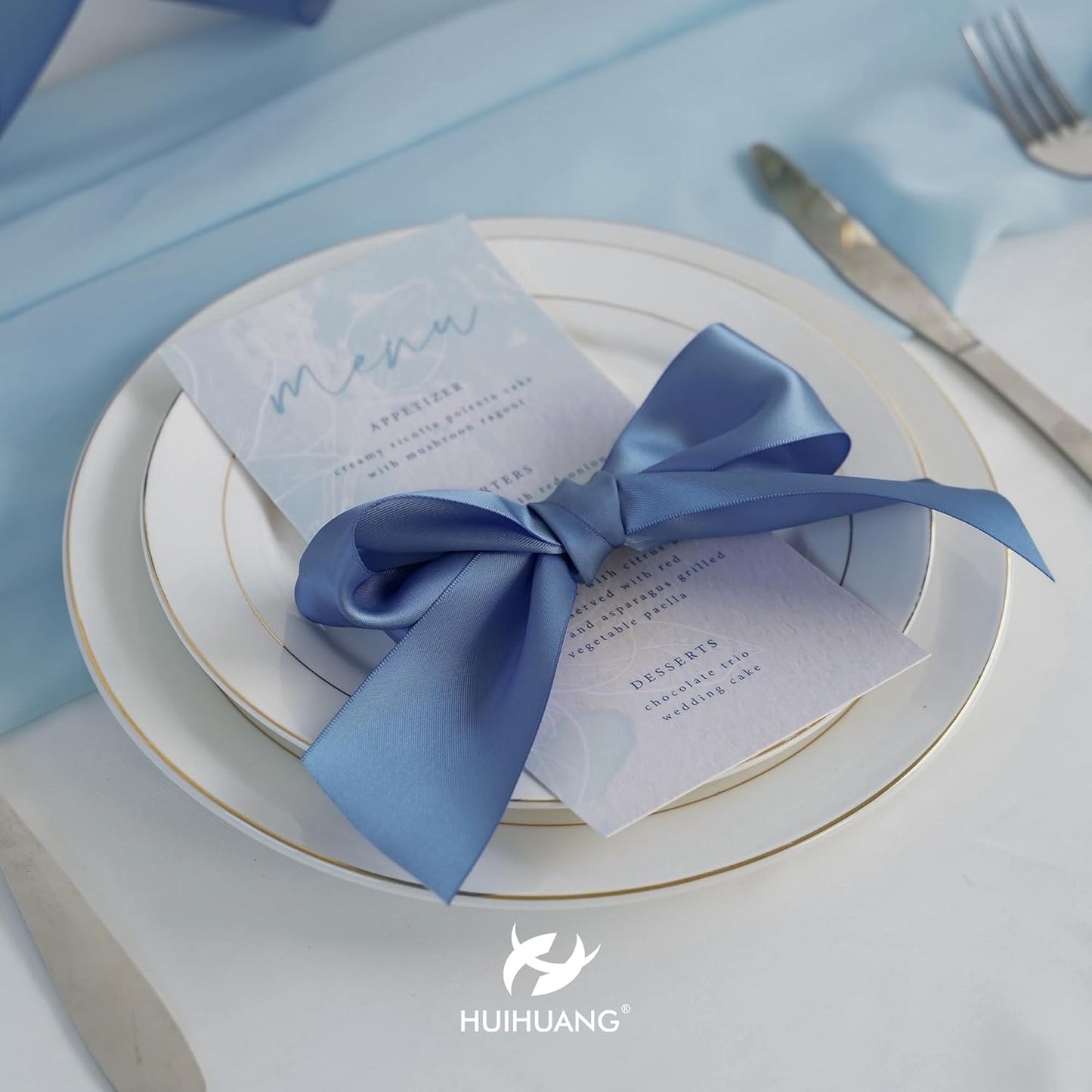 HUIHUANG 1-1/2 inch Double Face Satin Ribbon, Polyester Satin Smoke Blue Ribbon 50 Yards Per Roll for Gift Wrapping Bows Making Floral Bouquet Wedding Invitations Decor Party Favor and Craft Supplies