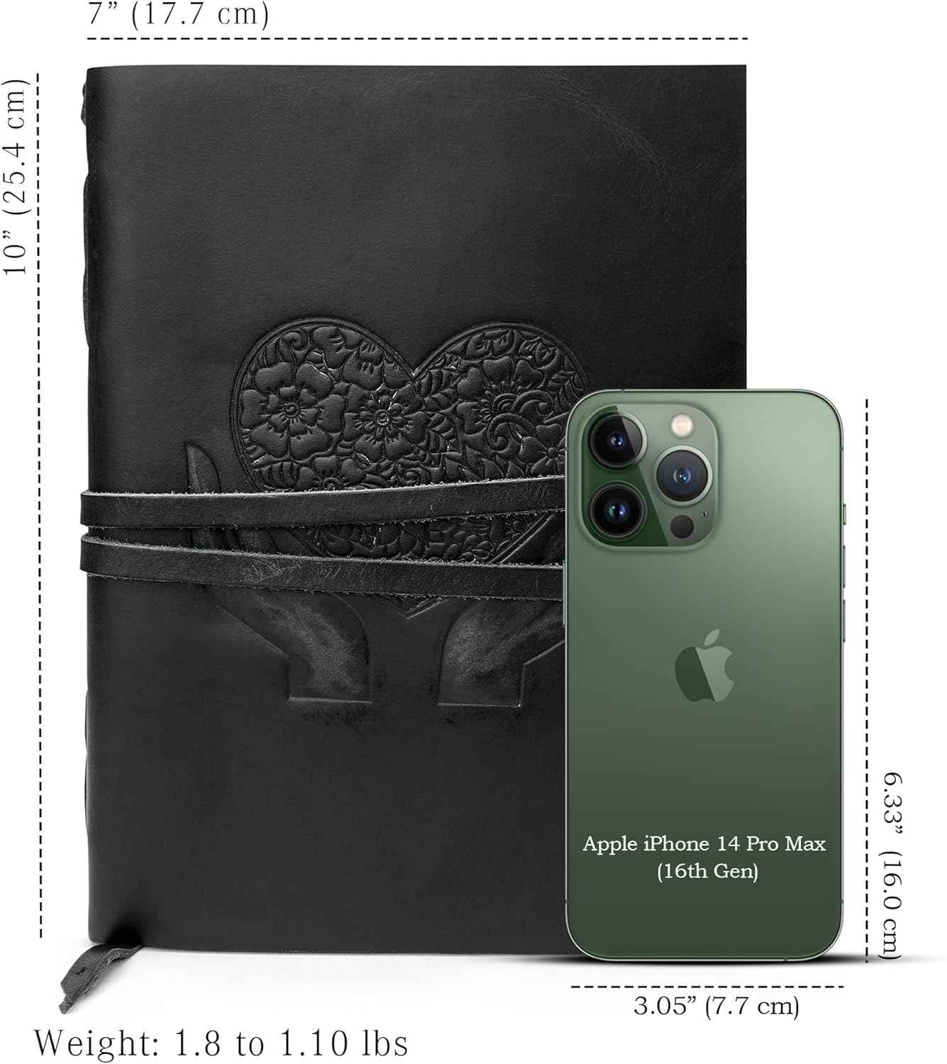 LUXEORIA Heart Journal for Women and Men, Handcrafted Leather Journal for Writing Womens, Sketchbook, Travel Diary with Unlined Deckle Paper, Black 7x10