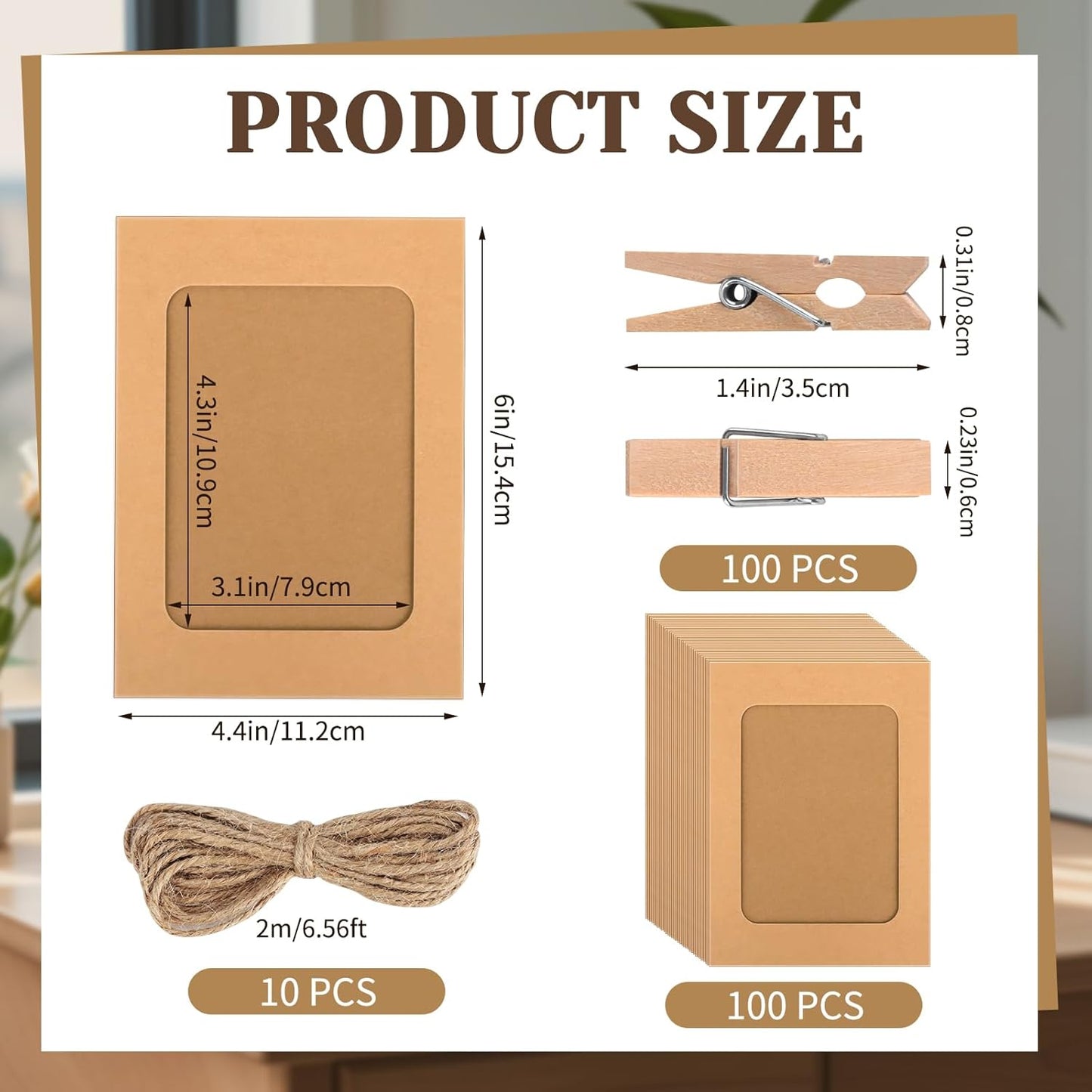 100 Pack Paper Picture Frames, 4x6 Inch Photo Strip Frame Hanging Photo Display Banner, Kraft Photo Holder with Wooden Clips and String for Wall Decor and Party Supplies
