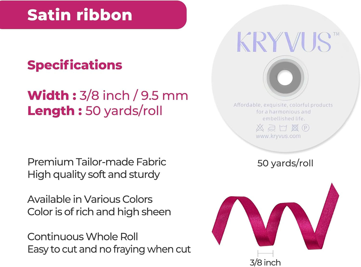 Rose Red Satin Ribbon 3/8 inch X Continuous 50 Yards, Single Face Polyester Ribbon Perfect for Gift Wrapping, Flower Bouquet, Wedding Decor, Crafts, Bow Making, Sewing and More