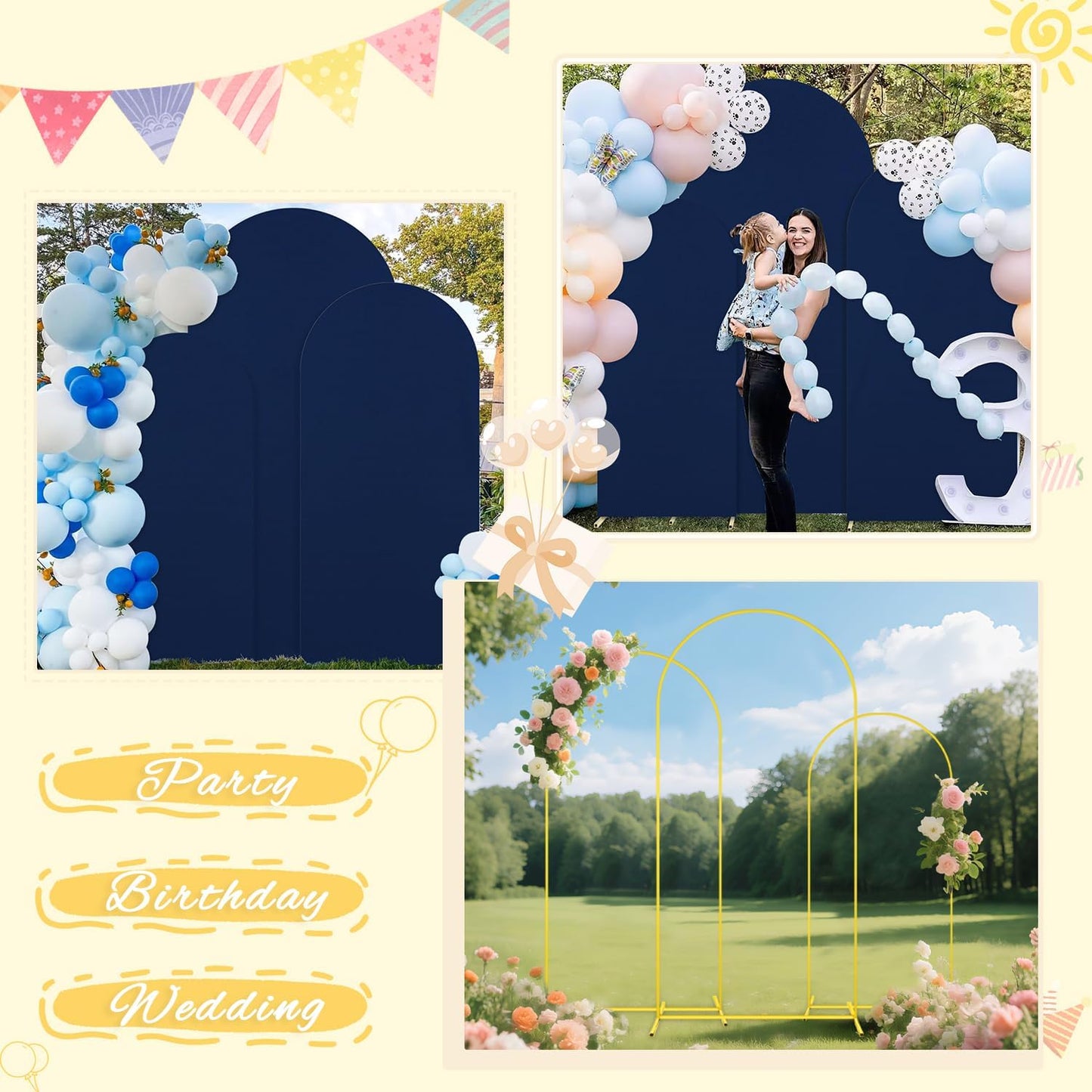 Metal Arch Backdrop Stand and Cover Set 6&6.6&7.2ft Navy Blue Arch Backdrop Covers Gold Wedding Arch Stand Set of 3 Spandex Arched Covers for Bridal Baby Shower Banquet Party Decoration