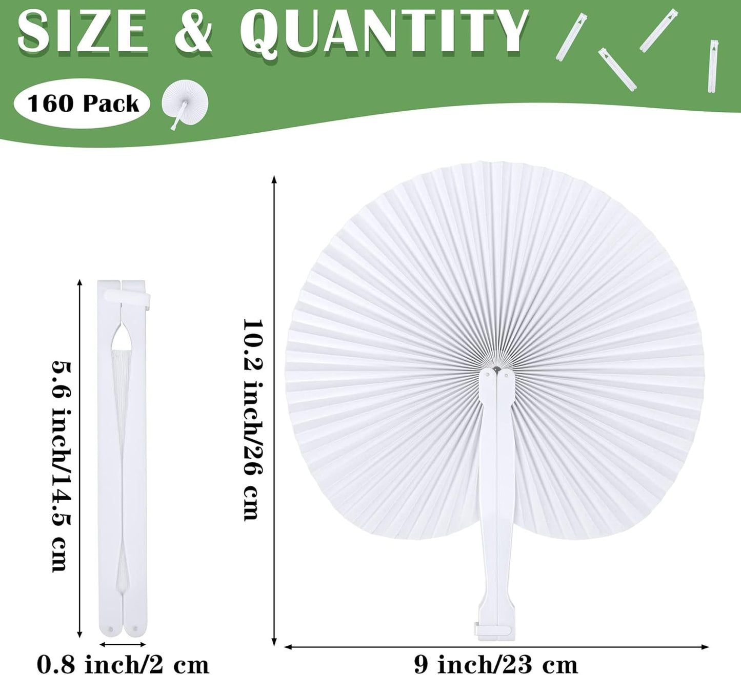 MCEAST 160 Pack Folding Wedding Paper Fans White Handheld Folding Fan Round Shaped Wedding Fans with Plastic Handle for Wedding Birthday Party Favors Supplies Home Decoration (Round)