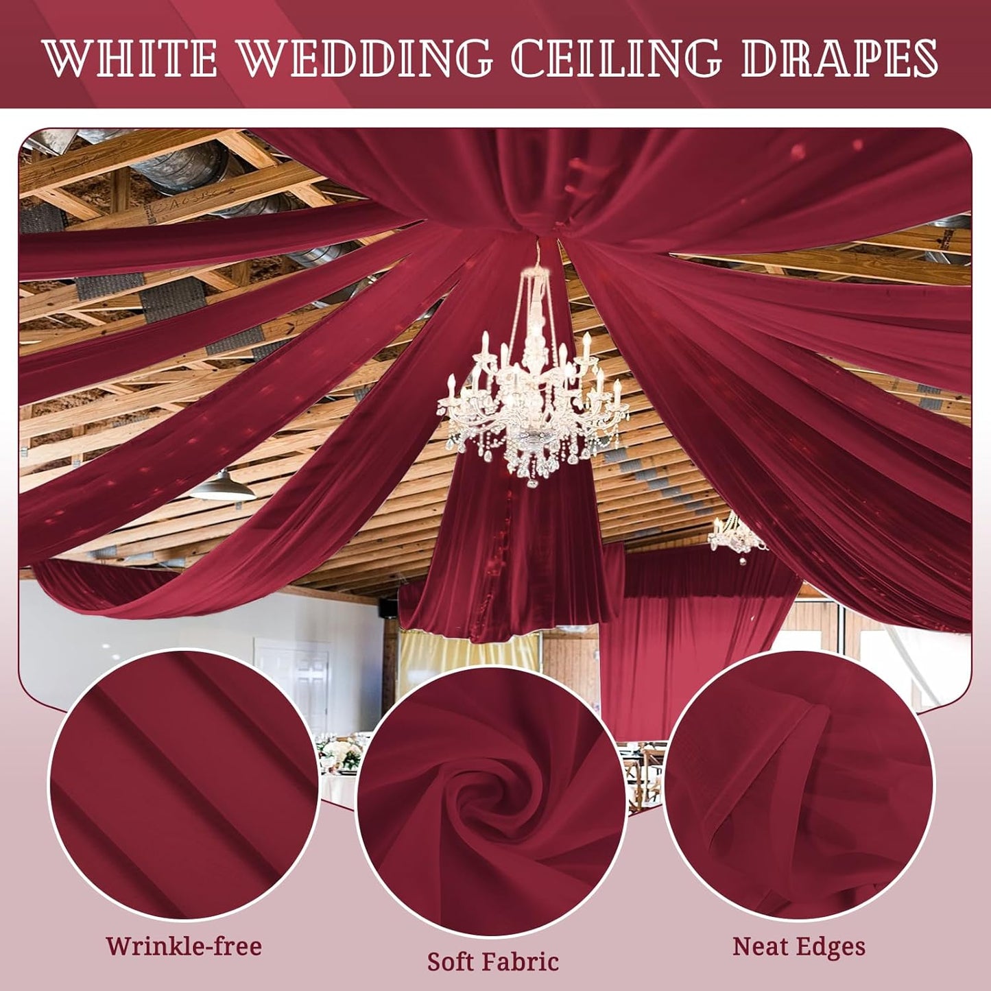 6 Panels Burgundy Ceiling Drapes for Wedding 5ftx10ft Chiffon Fabric Arch Draping Curtains Sheer Drapery for Party Ceremony Birthday Baby Shower Reception Stage Swag Ceiling Decorations