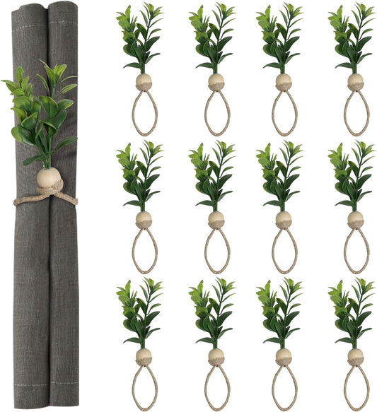 MAOANME Napkin Rings Set of 12, Rustic Eucalyptus Napkin Holder Rings with Wood Bead, Farmhouse Green Leaf Napkin Ring Bulk, Boho Napkin Ring for Wedding, Table Decor
