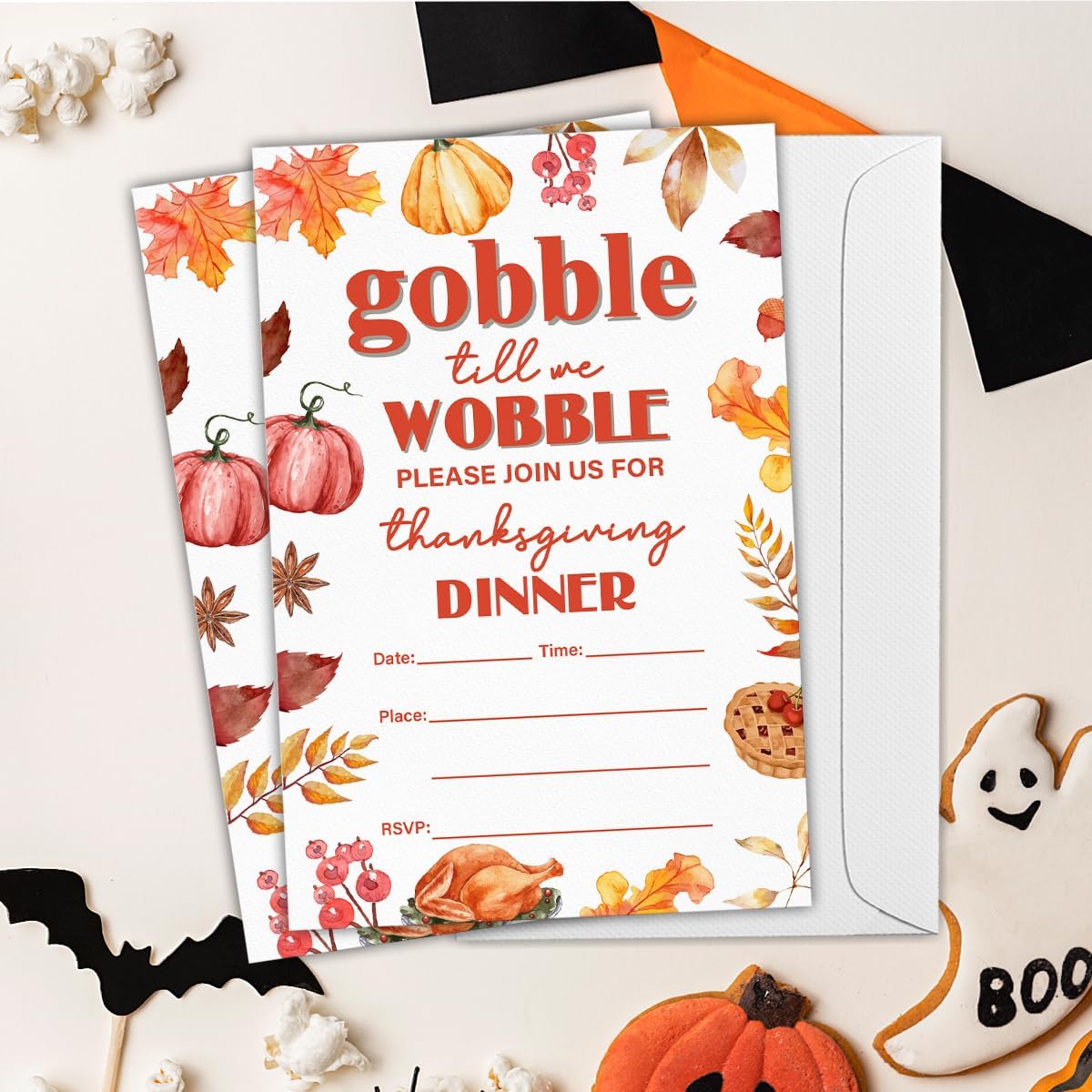 Thanksgiving Party Invitations Fall Pumpkins Turkey Friendsgiving Thanksgiving Dinner Party Fill in Invites Cards With Envelopes (20 Count), Double Sided Design
