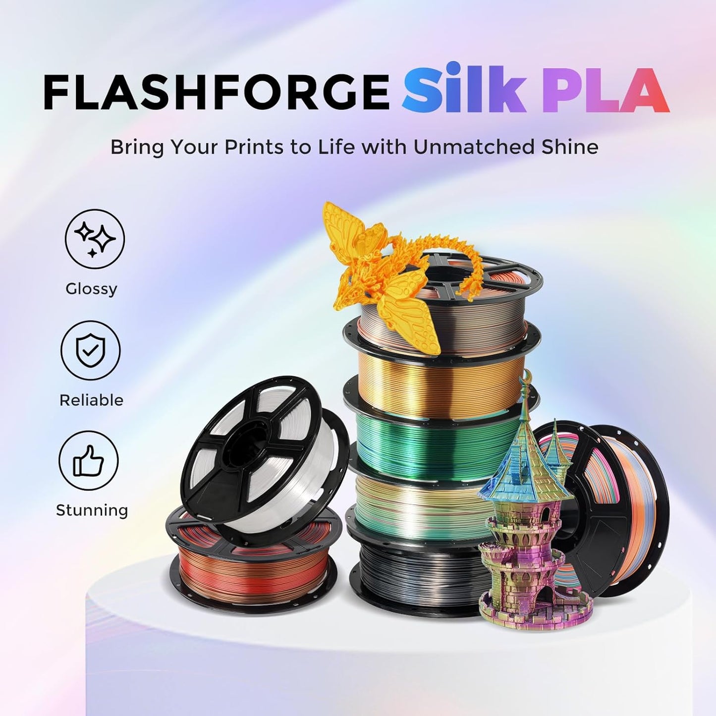 Flashforge 3D Printer Filament Silk PLA 1.75mm 1kg Spool-Dimensional Accuracy +/- 0.02mm (White)