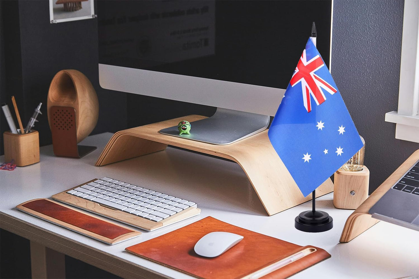 WXTWK 2 Pack Australia Flag Australia Deluxe Desk Flag Set - Mini Small Australian Table Office Flags with Black 12" Solid Pole Stand Base Classroom Meeting Desktop Decorations
